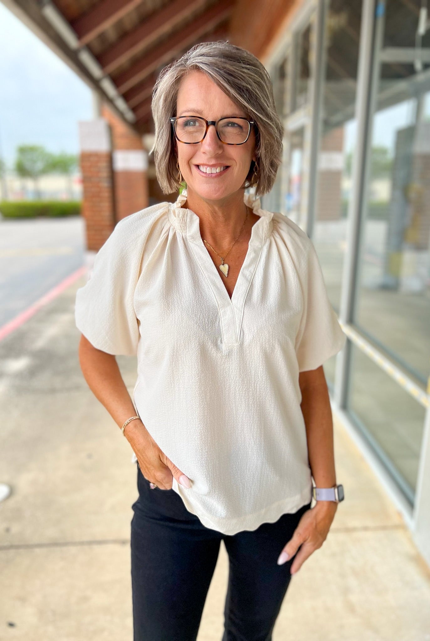 Ecru Split V - Neck Short Puff Sleeve Top - A'Bekah's Boutique