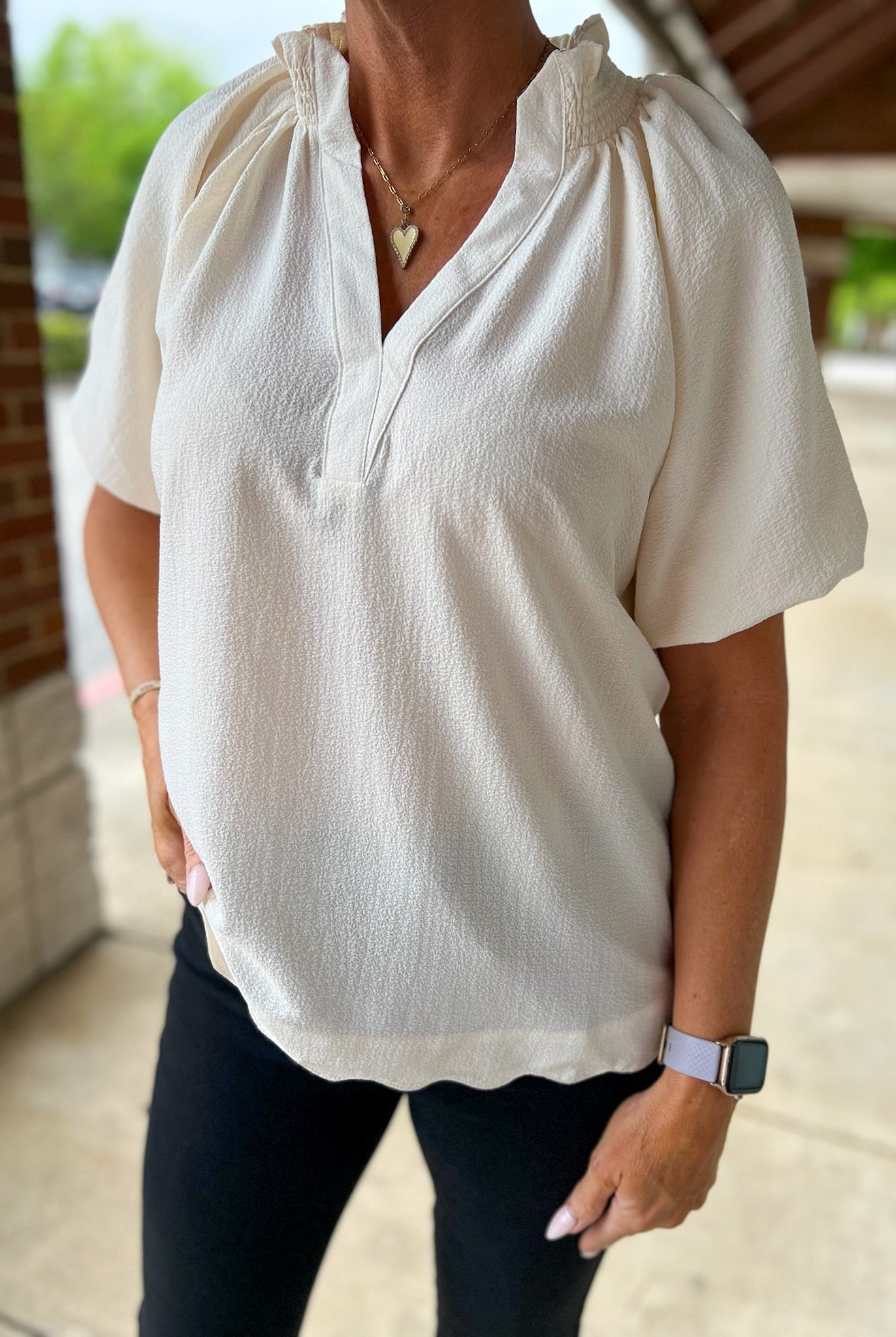 Ecru Split V - Neck Short Puff Sleeve Top - A'Bekah's Boutique