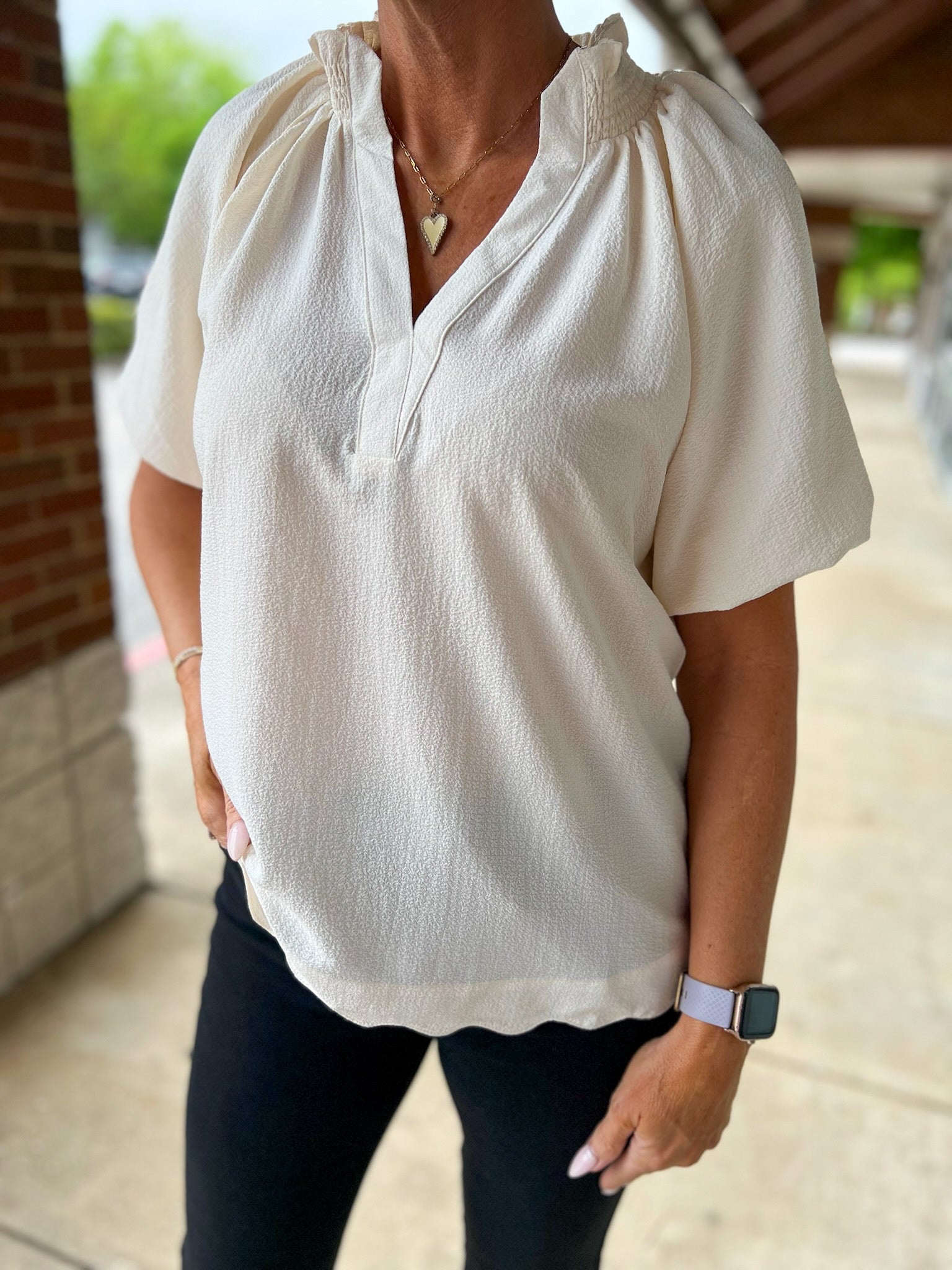 Ecru Split V - Neck Short Puff Sleeve Top - A'Bekah's Boutique