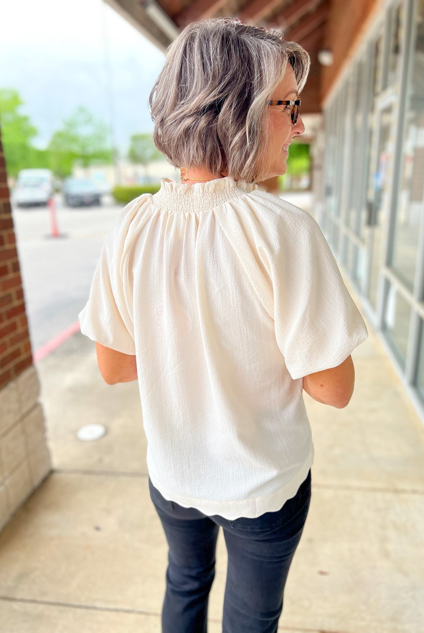 Ecru Split V - Neck Short Puff Sleeve Top - A'Bekah's Boutique