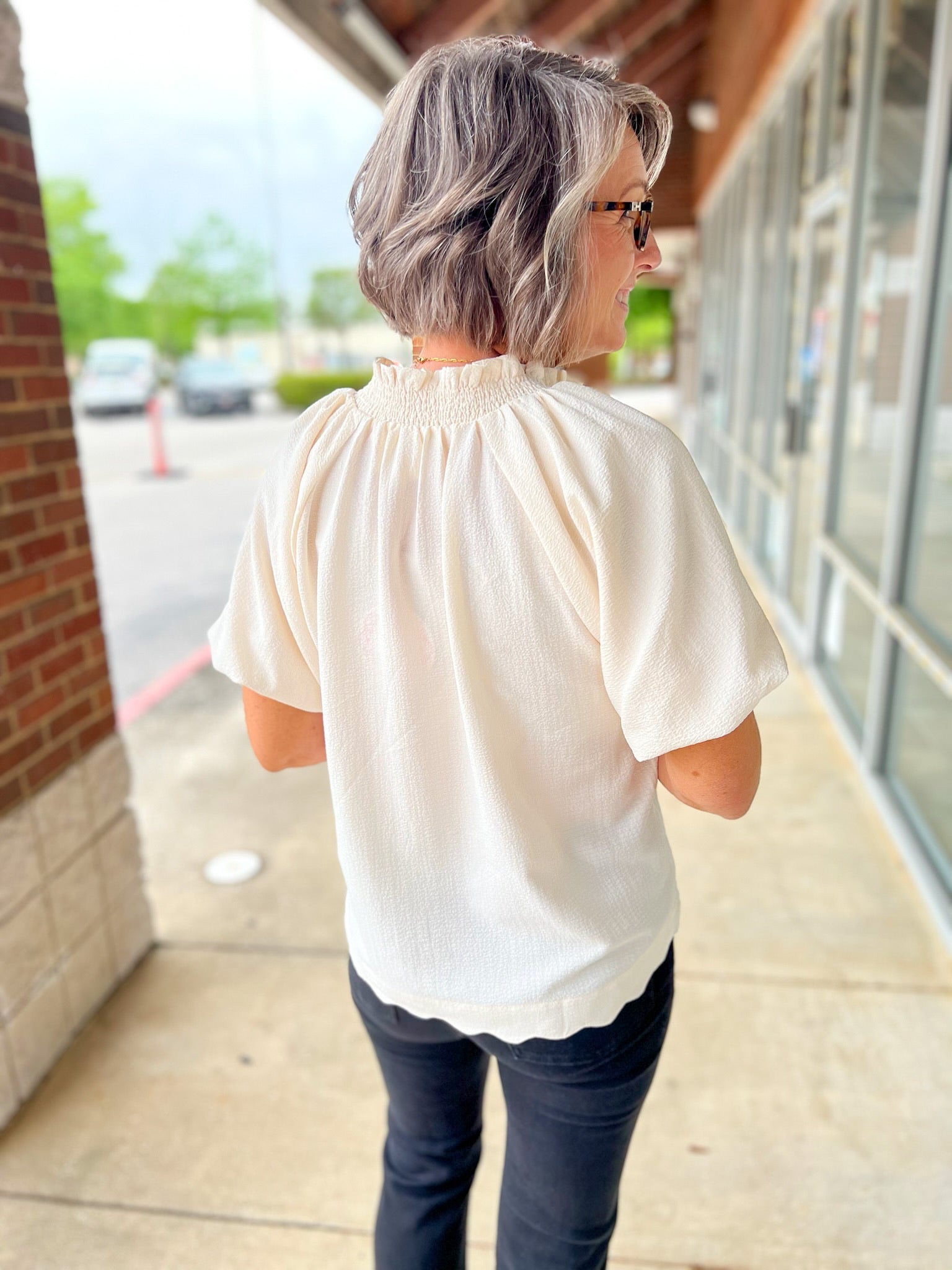 Ecru Split V - Neck Short Puff Sleeve Top - A'Bekah's Boutique