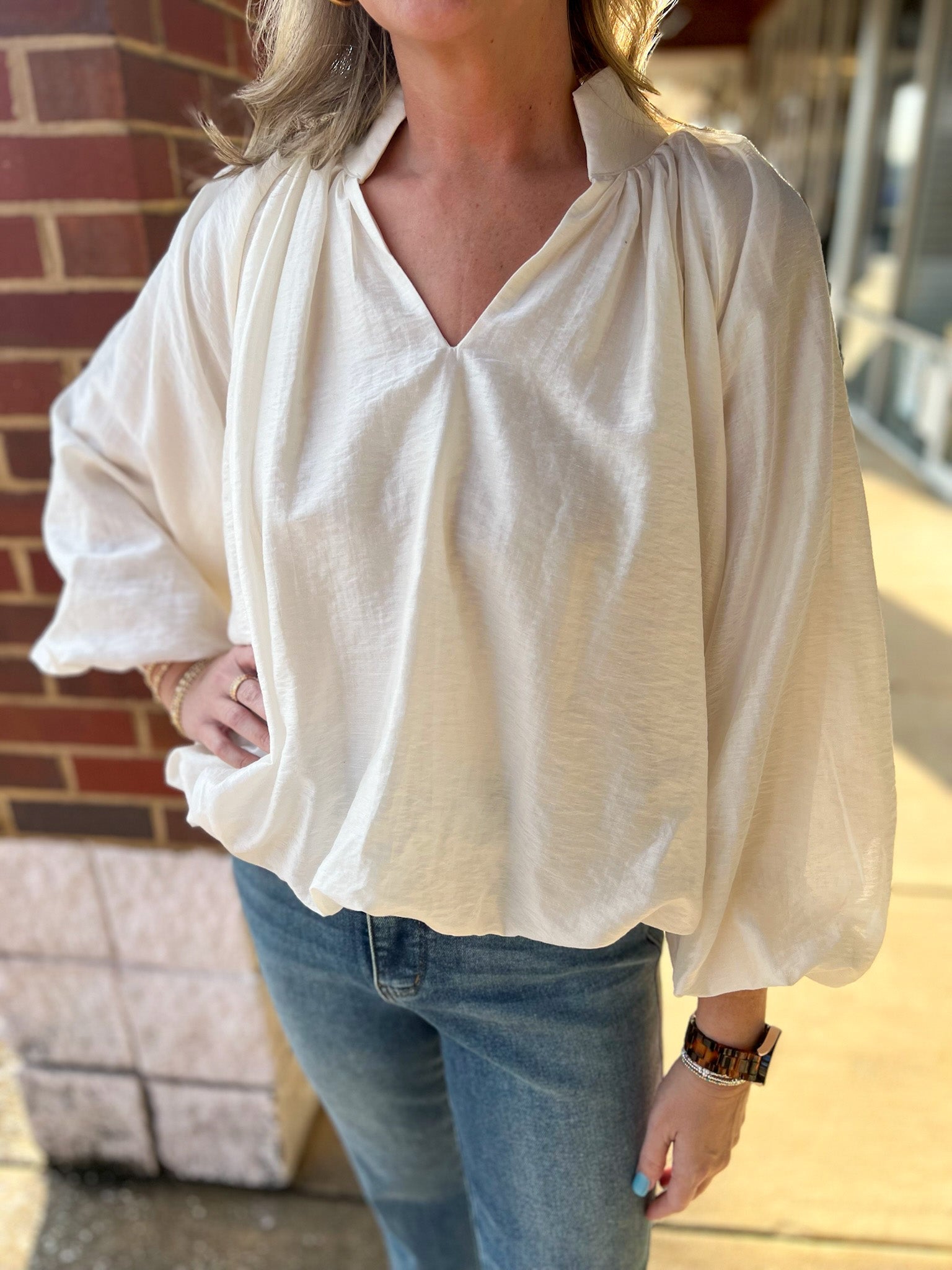 Ecru Top with 3/4 Gathered Balloon Sleeves and Hem - A'Bekah's Boutique