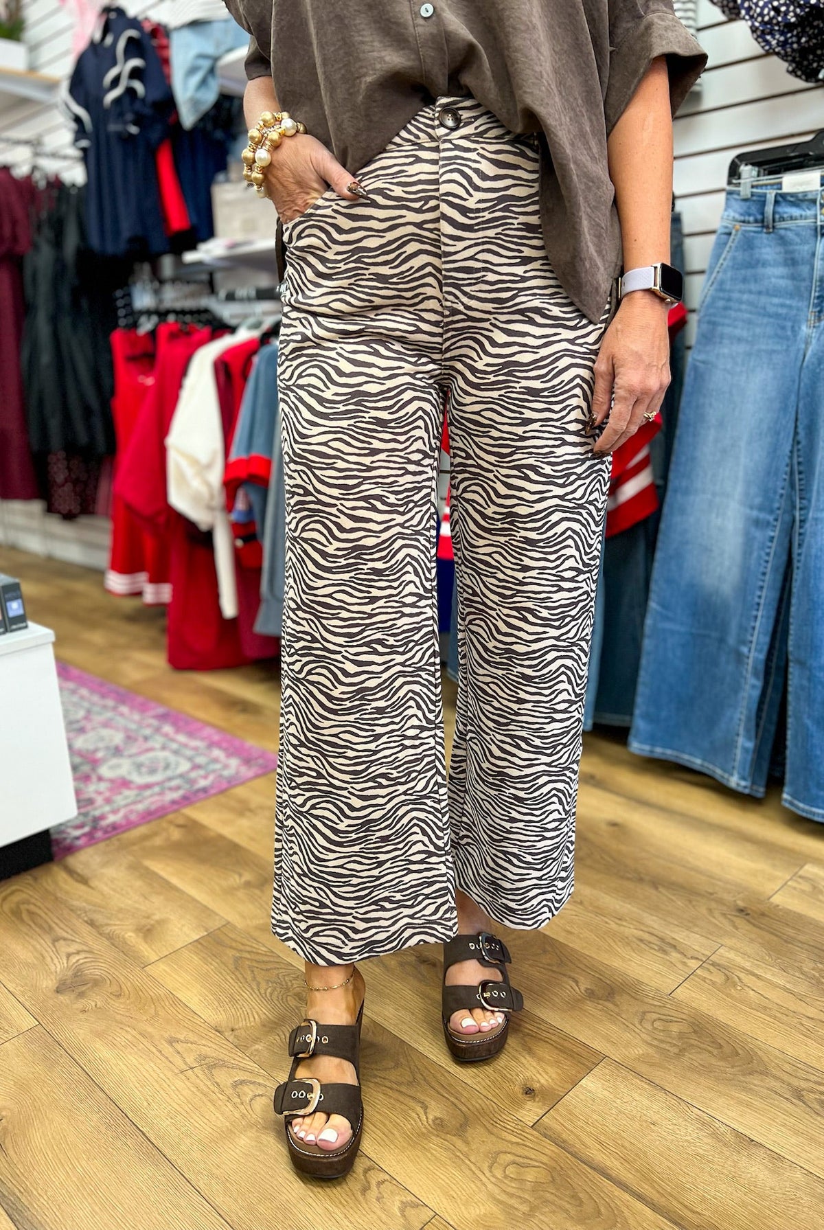Ecru Zebra Print Suede Wide Leg Pants - A'Bekah's Boutique