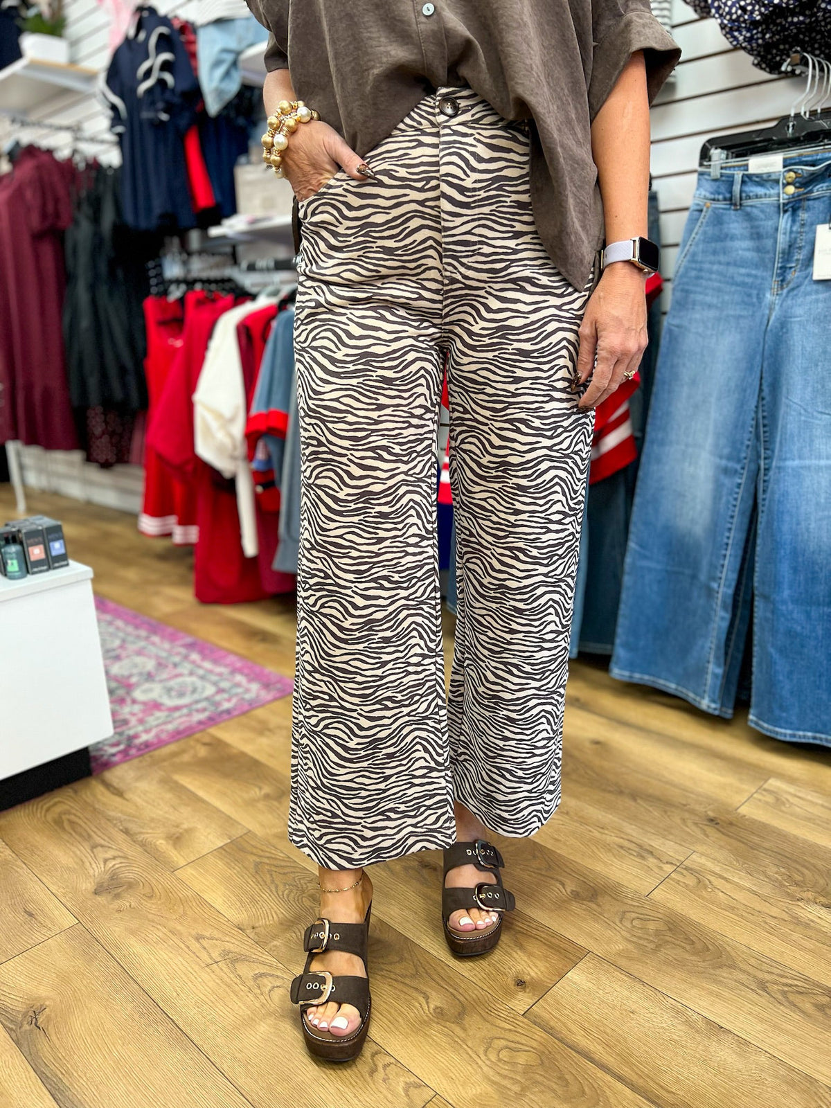 Ecru Zebra Print Suede Wide Leg Pants - A'Bekah's Boutique