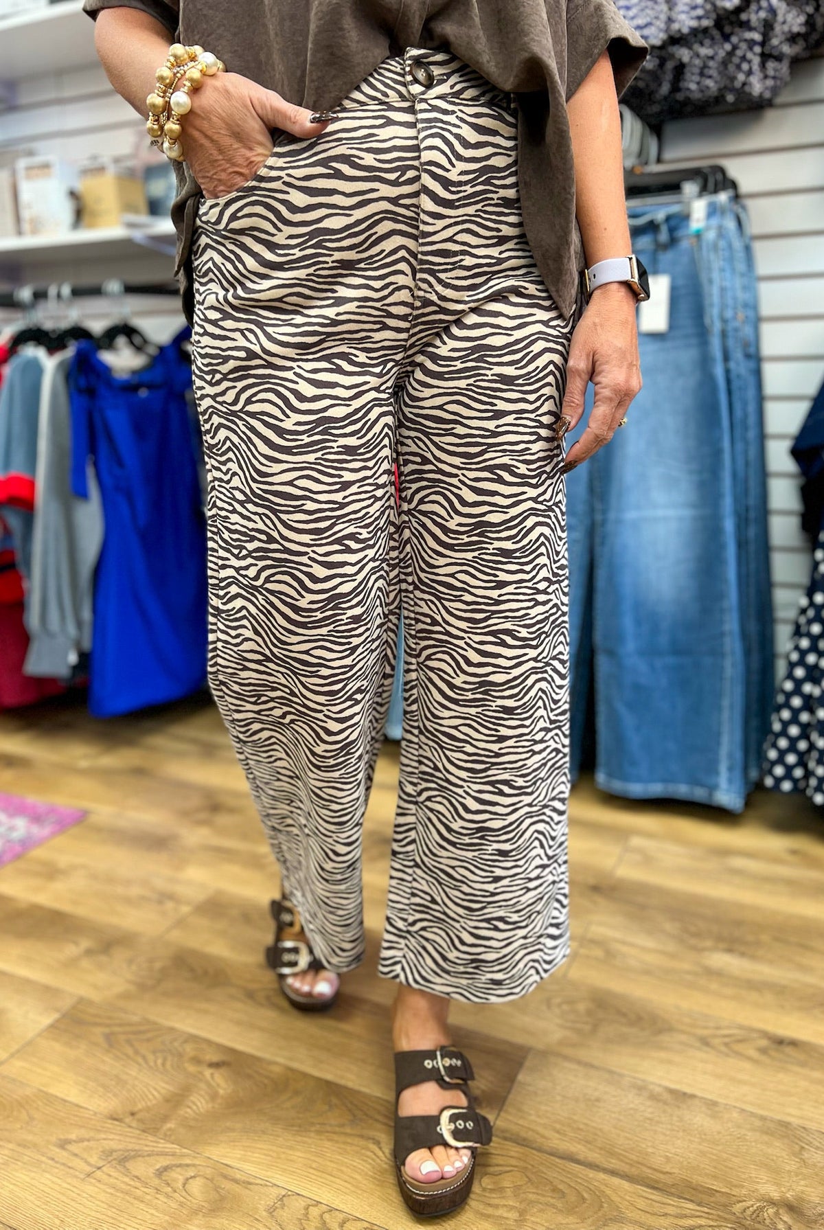 Ecru Zebra Print Suede Wide Leg Pants - A'Bekah's Boutique