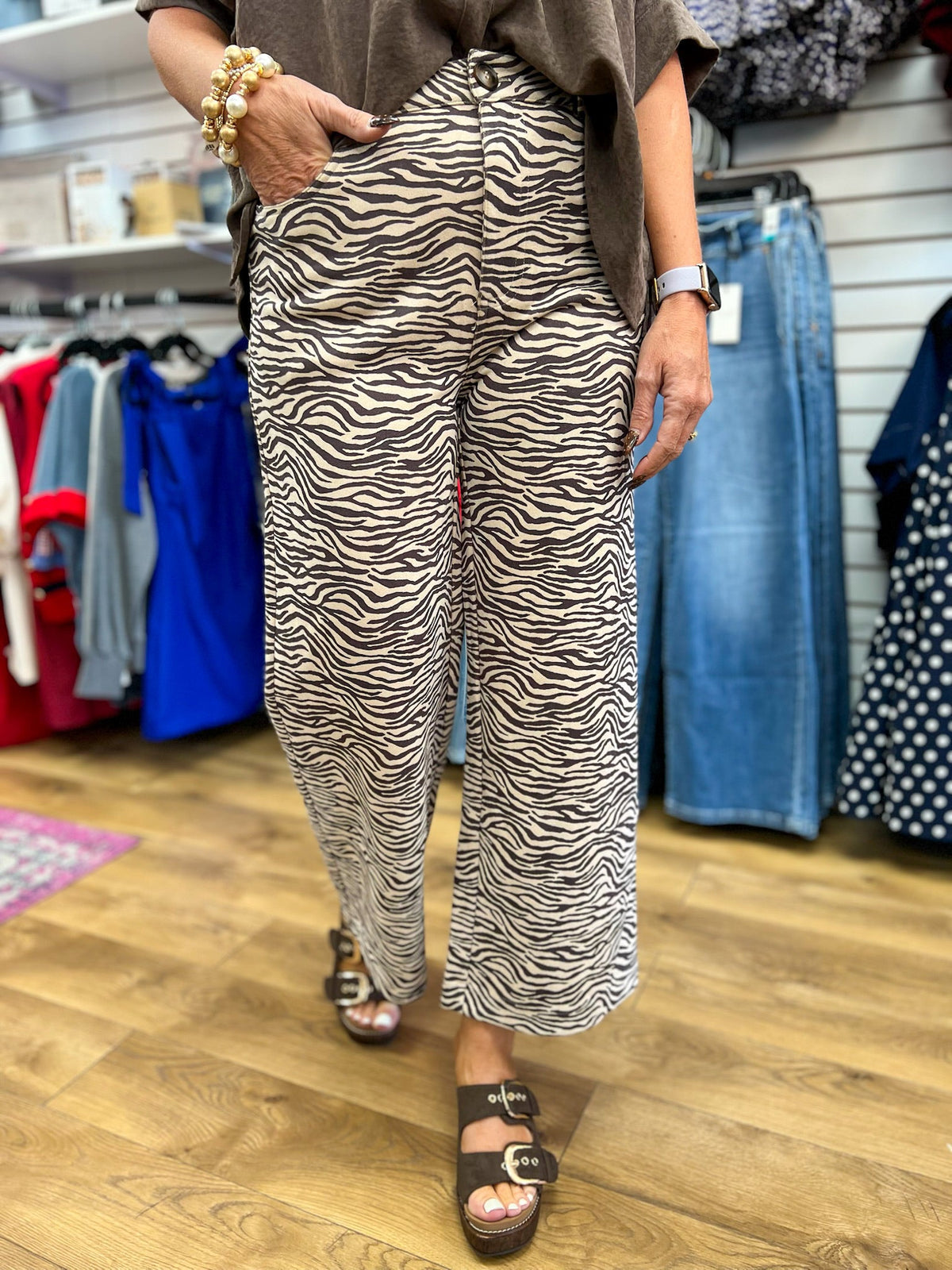 Ecru Zebra Print Suede Wide Leg Pants - A'Bekah's Boutique