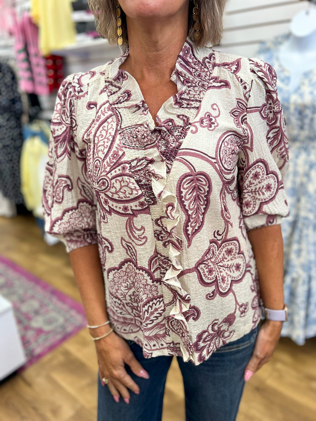 Eggplant Abstract Print V-Neck Top with 3/4 Sleeves - A'Bekah's Boutique