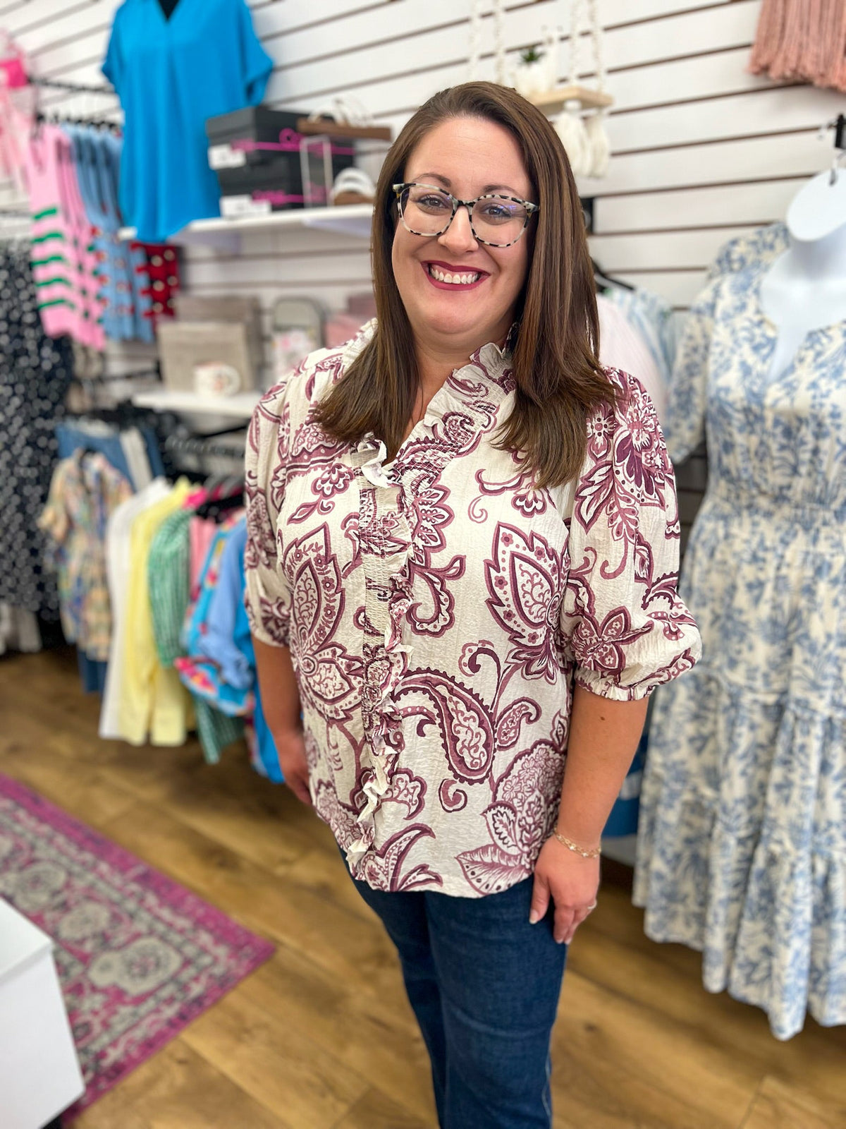 Eggplant Abstract Print V-Neck Top with 3/4 Sleeves - A'Bekah's Boutique