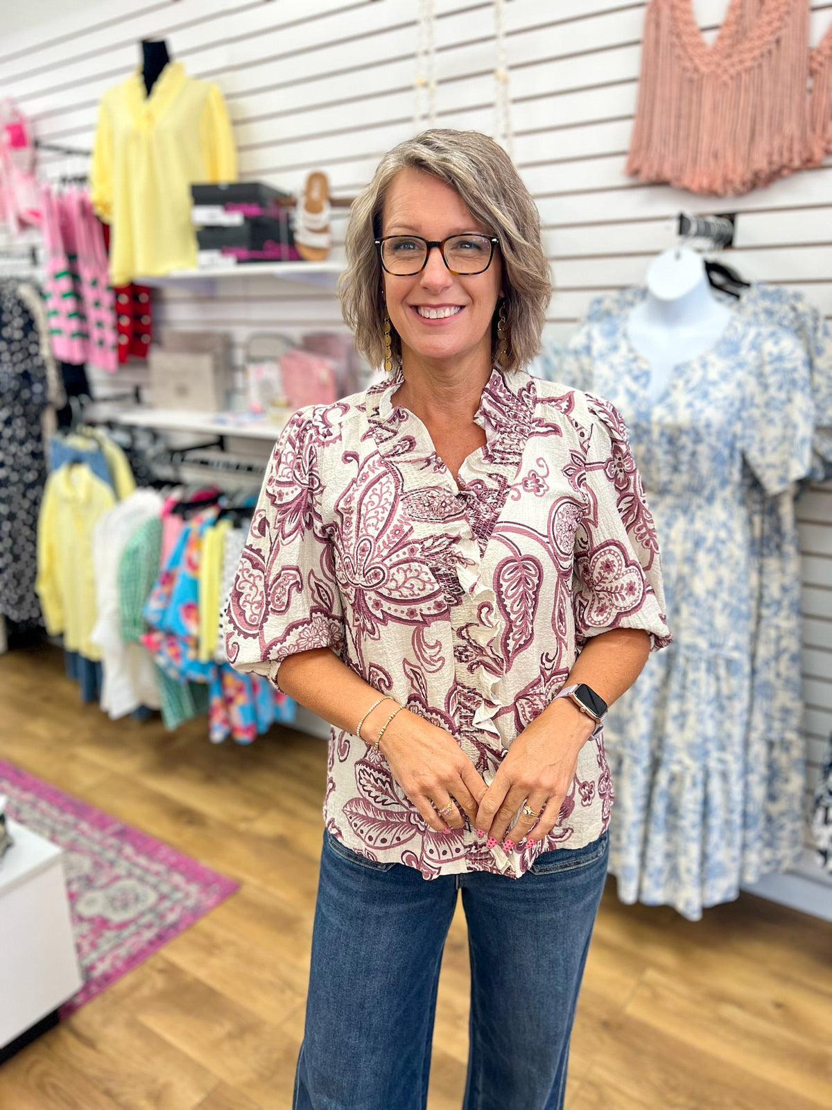 Eggplant Abstract Print V-Neck Top with 3/4 Sleeves - A'Bekah's Boutique