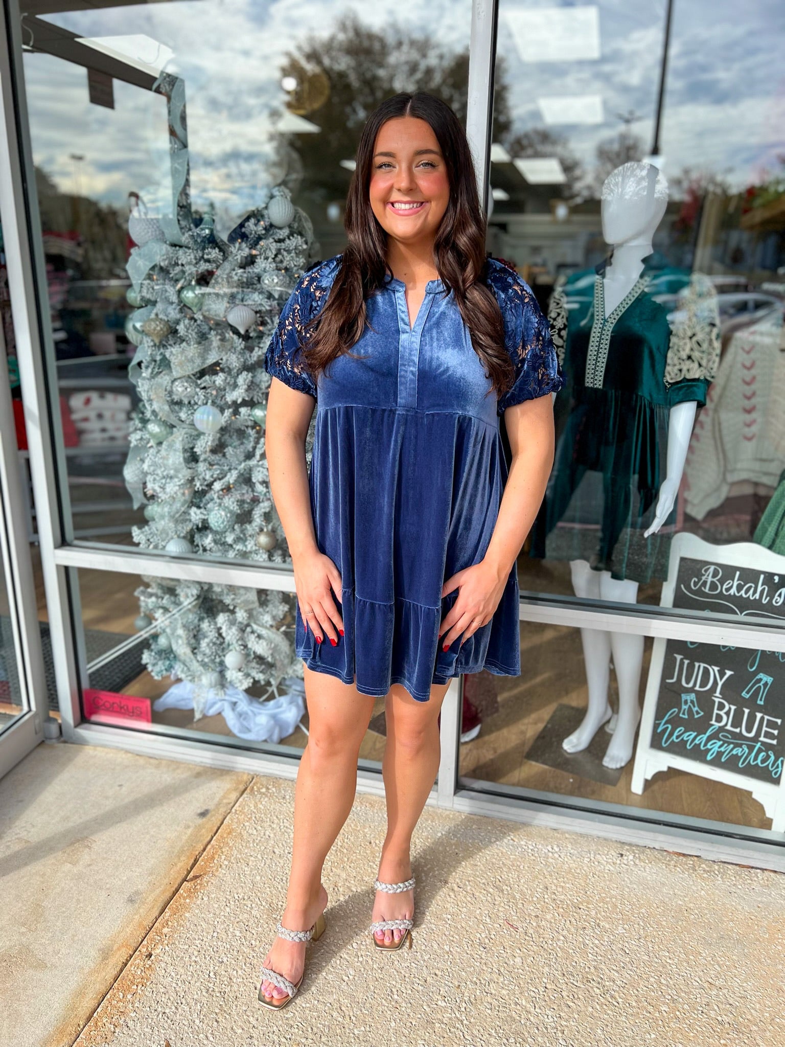 Embrace Joy Slate Blue Velvet Dress with Puff Sleeves - A'Bekah's Boutique