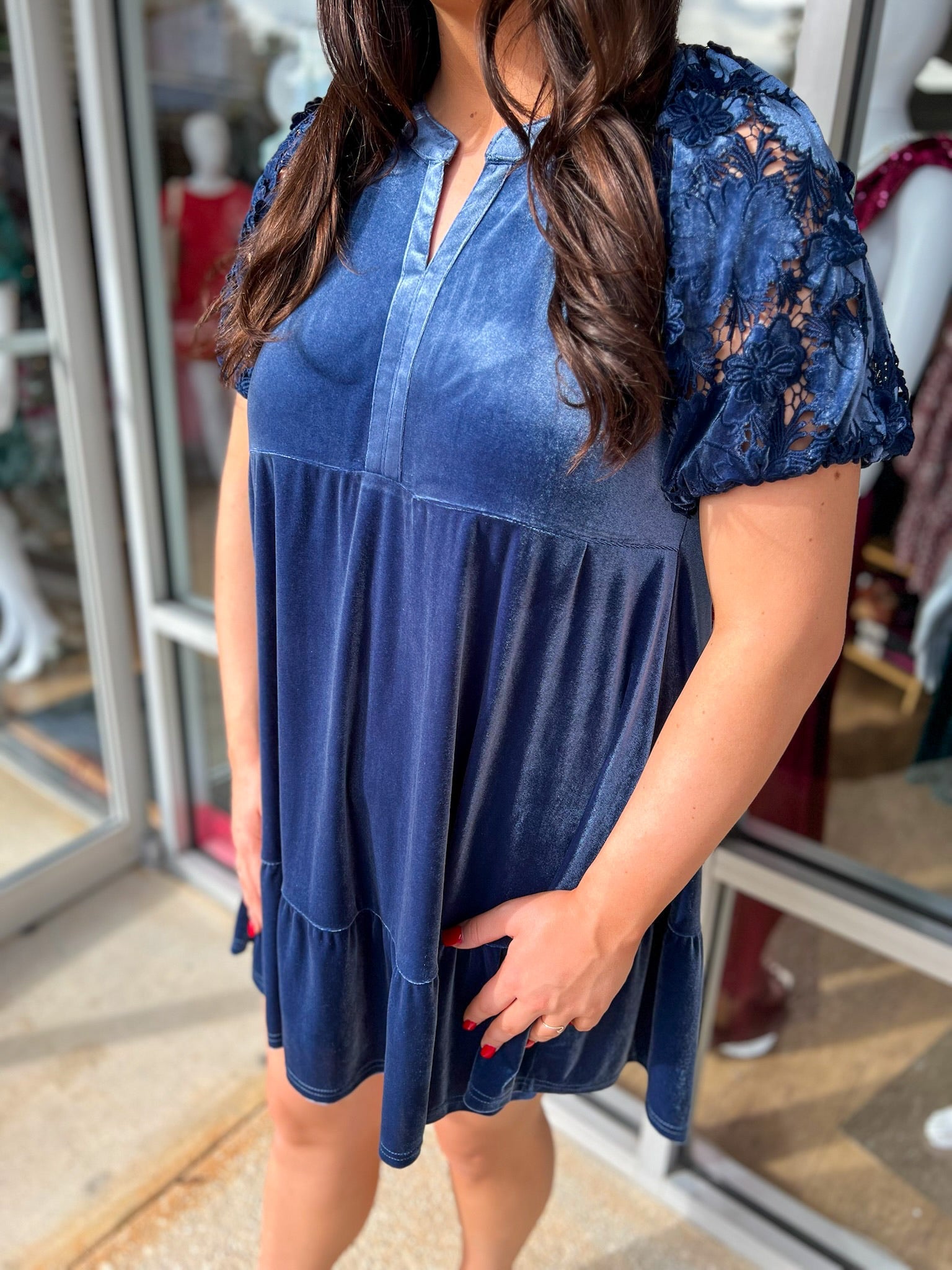 Embrace Joy Slate Blue Velvet Dress with Puff Sleeves - A'Bekah's Boutique