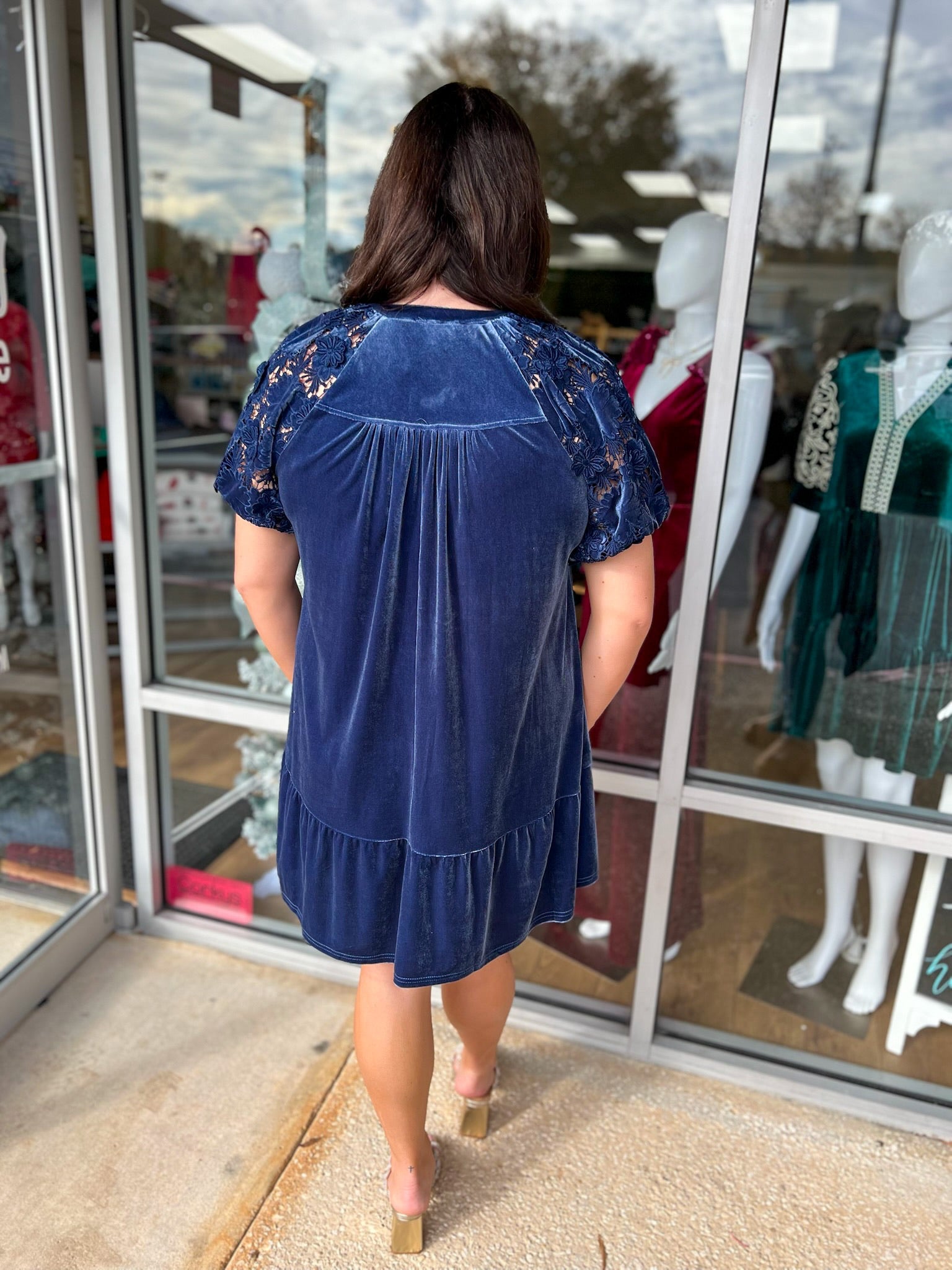 Embrace Joy Slate Blue Velvet Dress with Puff Sleeves - A'Bekah's Boutique