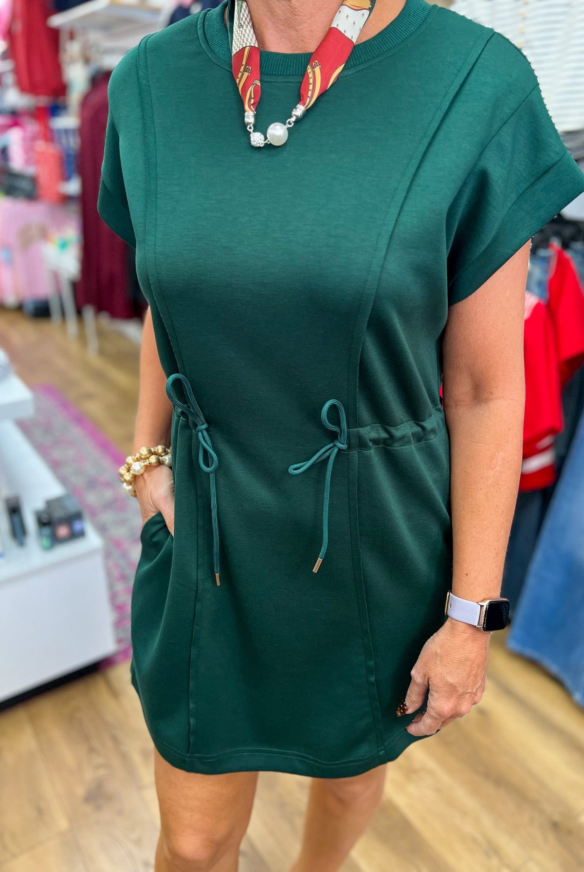 Evergreen Luxe Knit Dress with Drawstring Waist - A'Bekah's Boutique