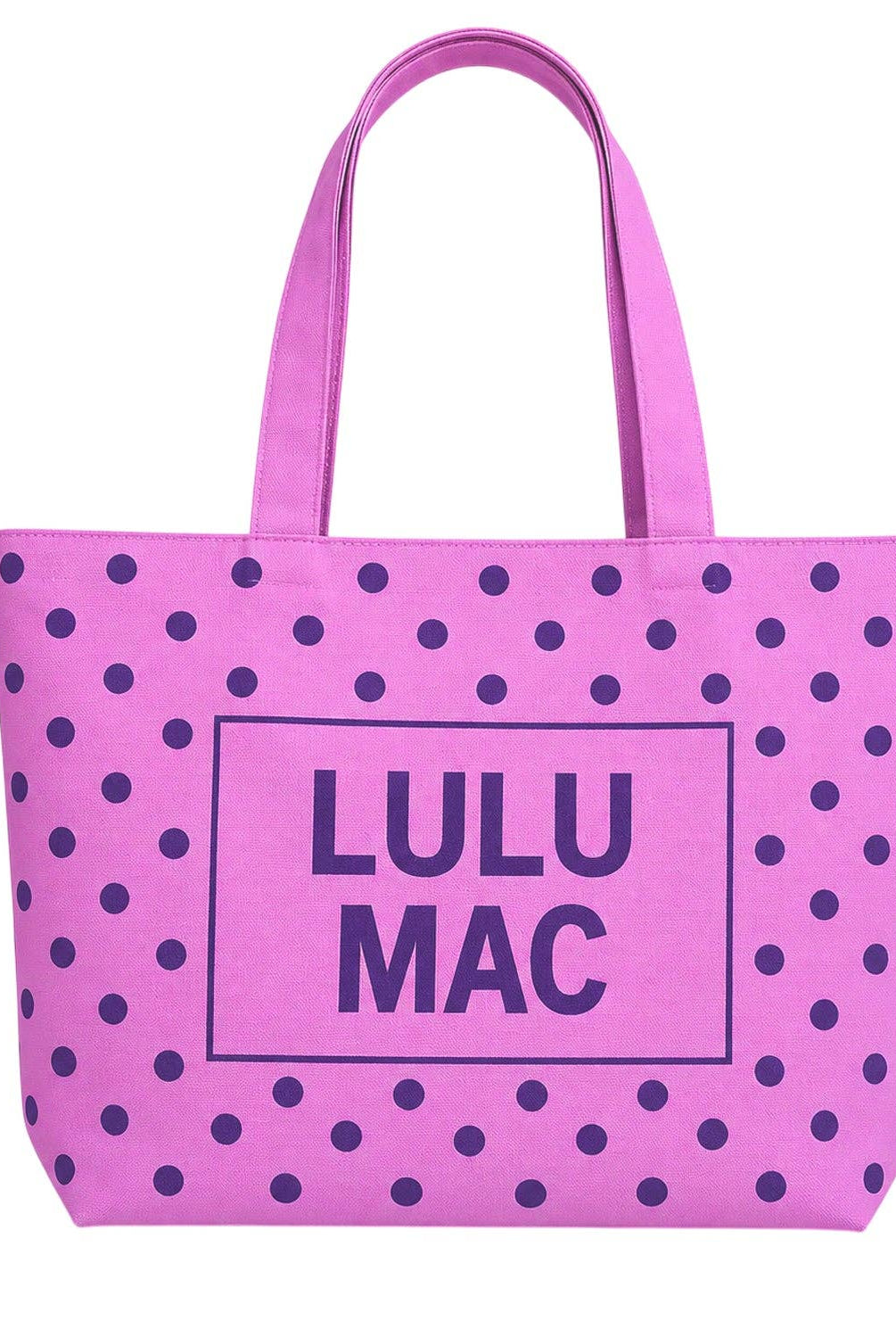 Pink canvas tote bag with purple polka dots and Lulu Mac logo print
