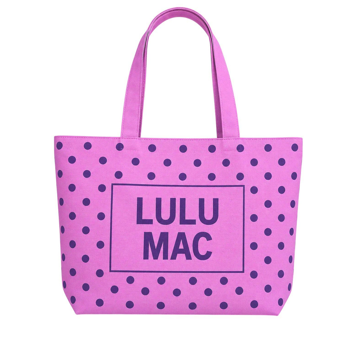 Pink canvas tote bag with purple polka dots and Lulu Mac logo print