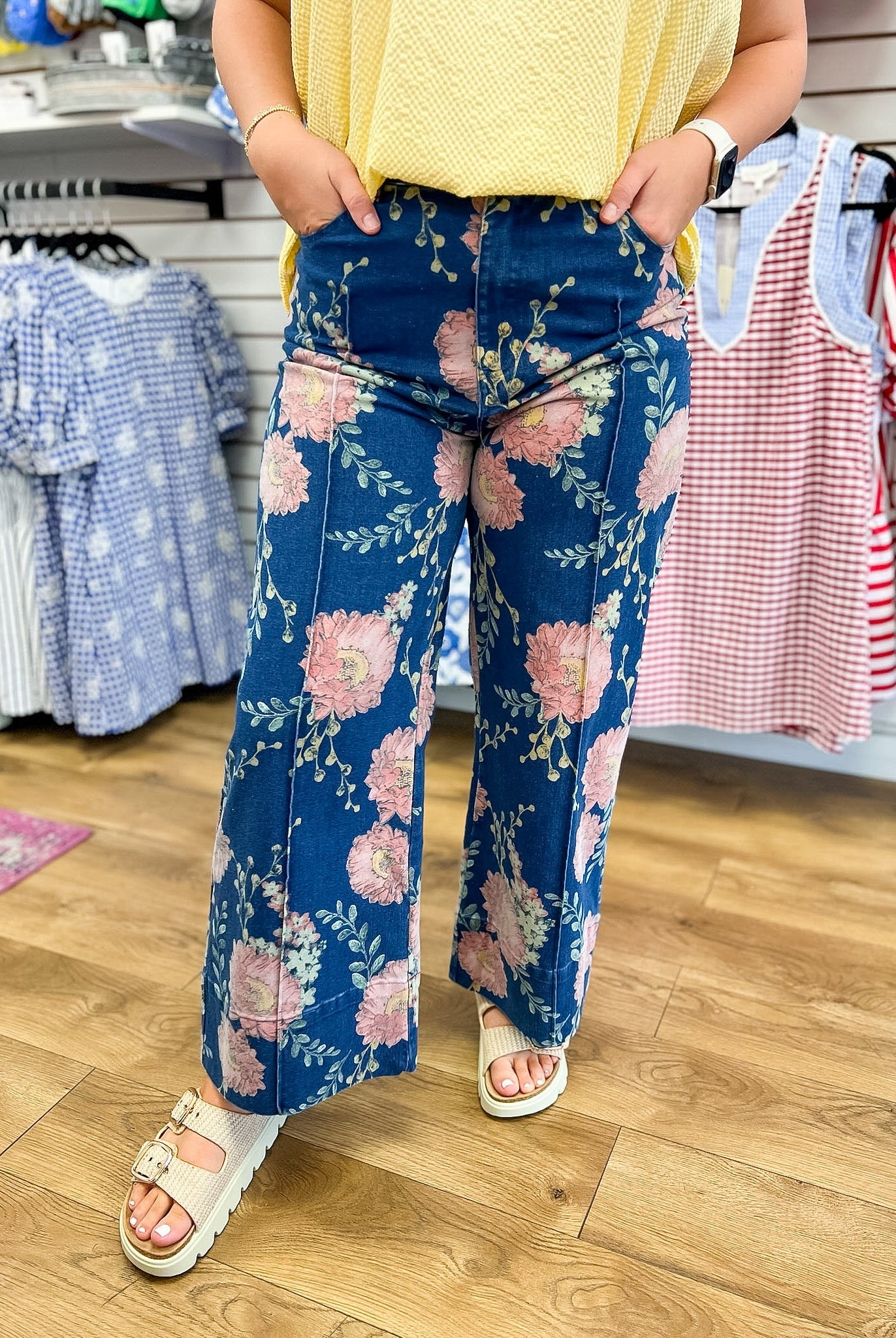 Floral Wide Leg Denim Pants - A'Bekah's Boutique