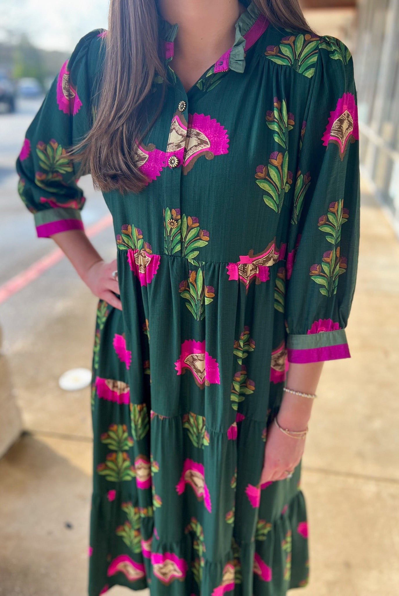 Forest Green Mix 3/4 Sleeve Tiered Midi Dress - A'Bekah's Boutique