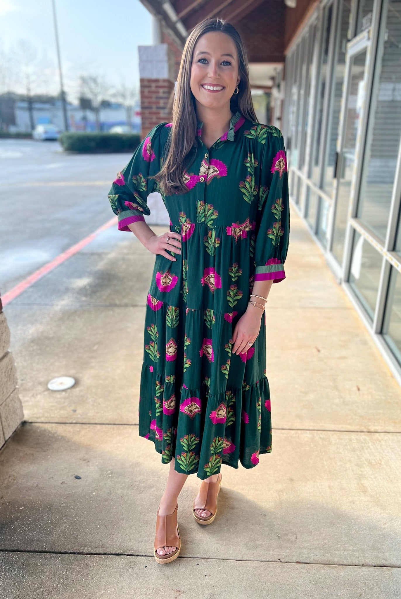 Forest Green Mix 3/4 Sleeve Tiered Midi Dress - A'Bekah's Boutique