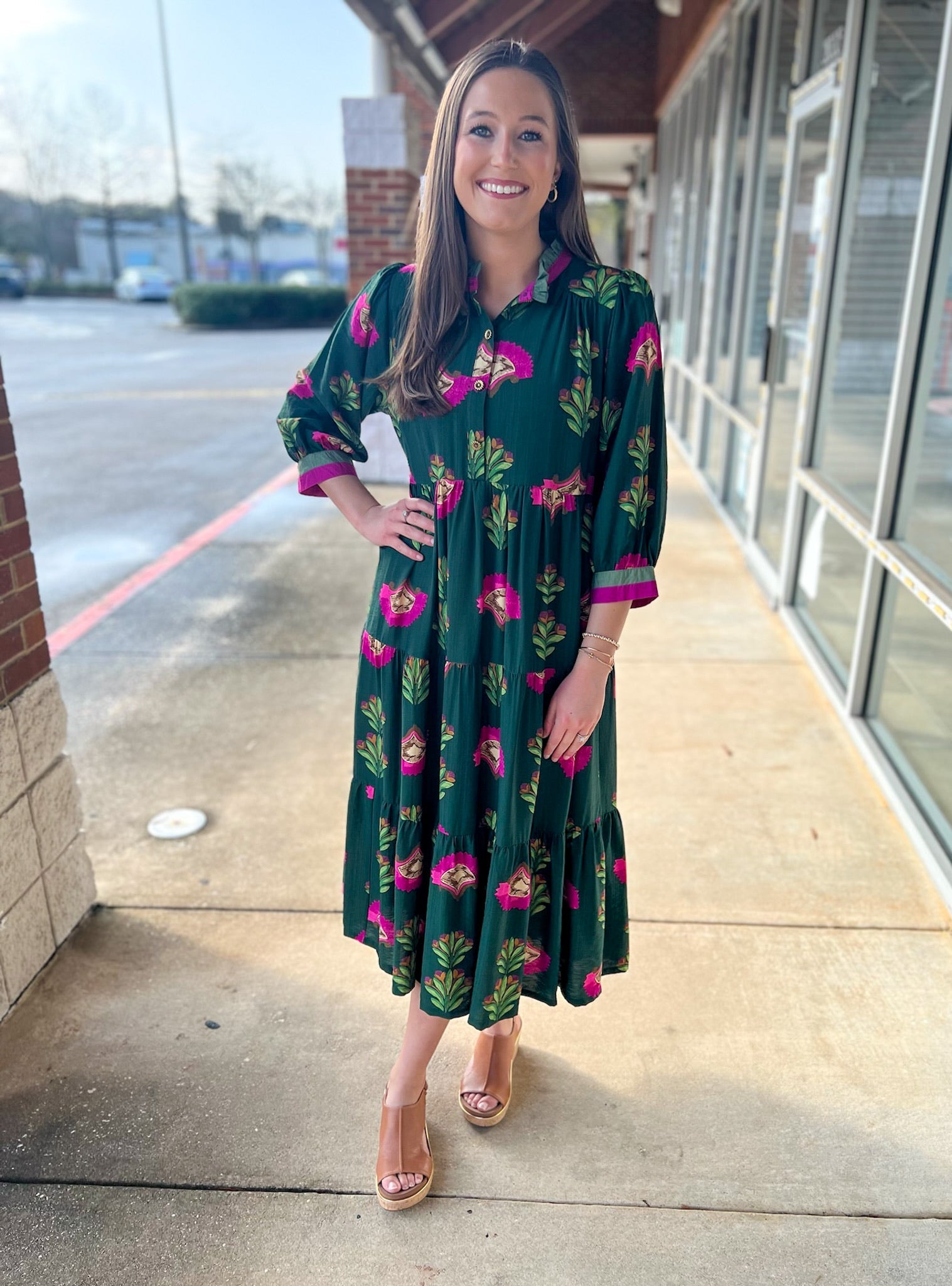 Forest Green Mix 3/4 Sleeve Tiered Midi Dress - A'Bekah's Boutique