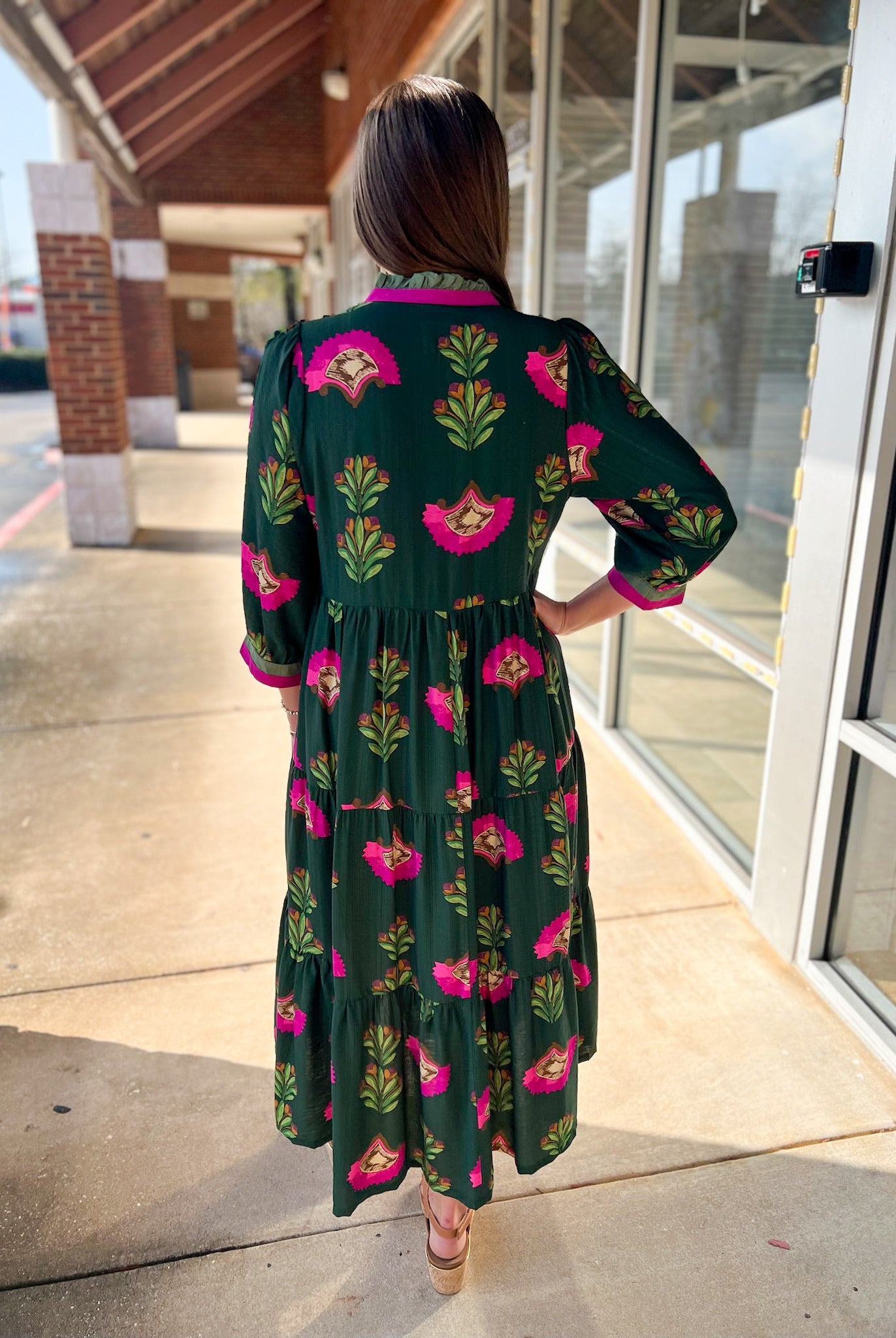 Forest Green Mix 3/4 Sleeve Tiered Midi Dress - A'Bekah's Boutique