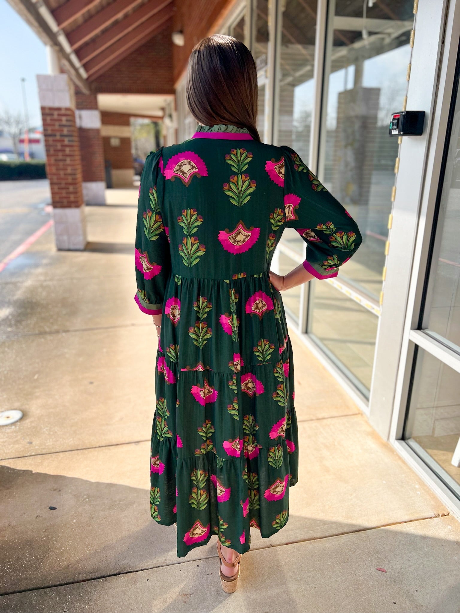 Forest Green Mix 3/4 Sleeve Tiered Midi Dress - A'Bekah's Boutique