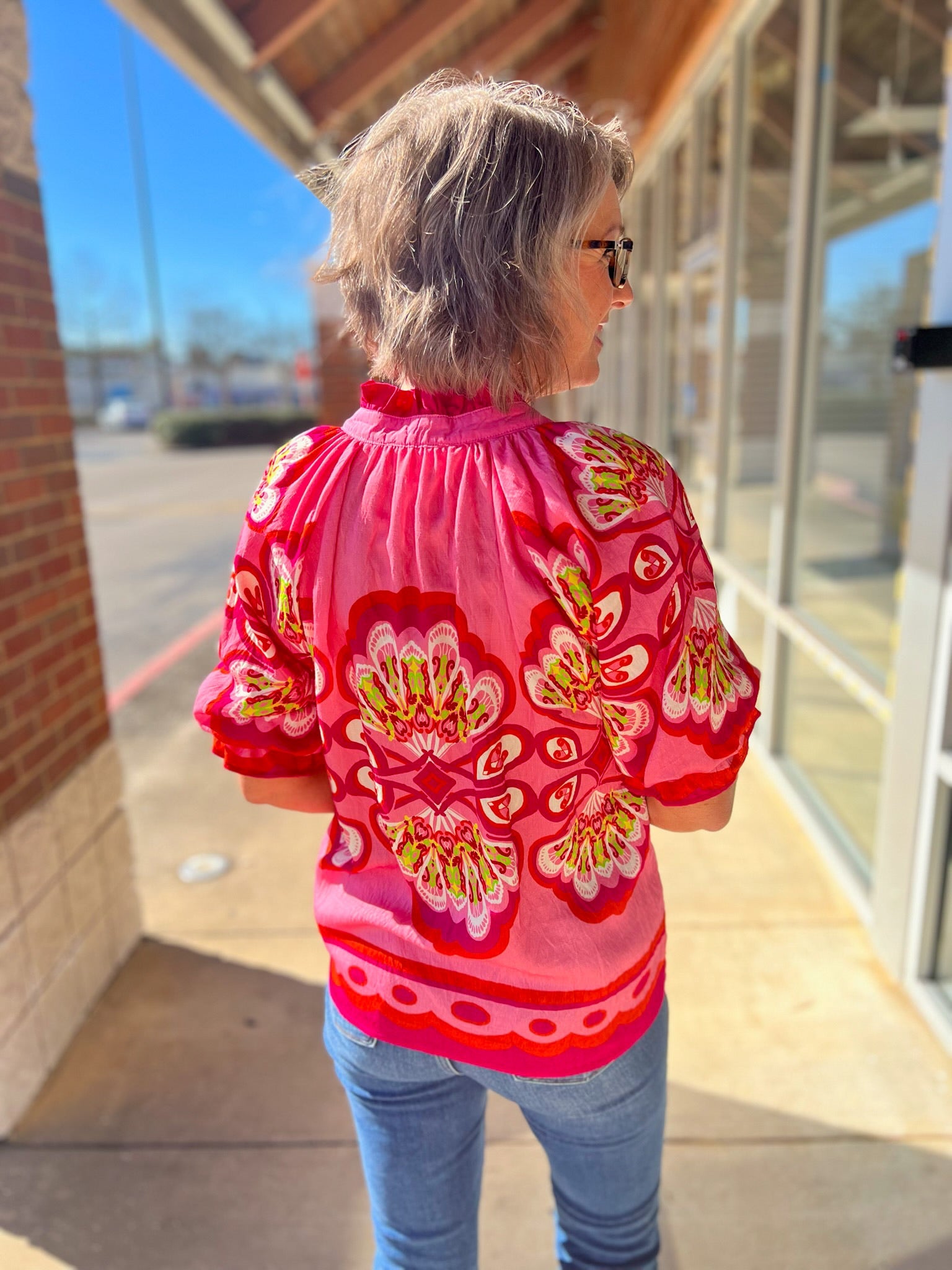 Fuchsia Boho Print V - Neck Top with Elbow Length Sleeves - A'Bekah's Boutique