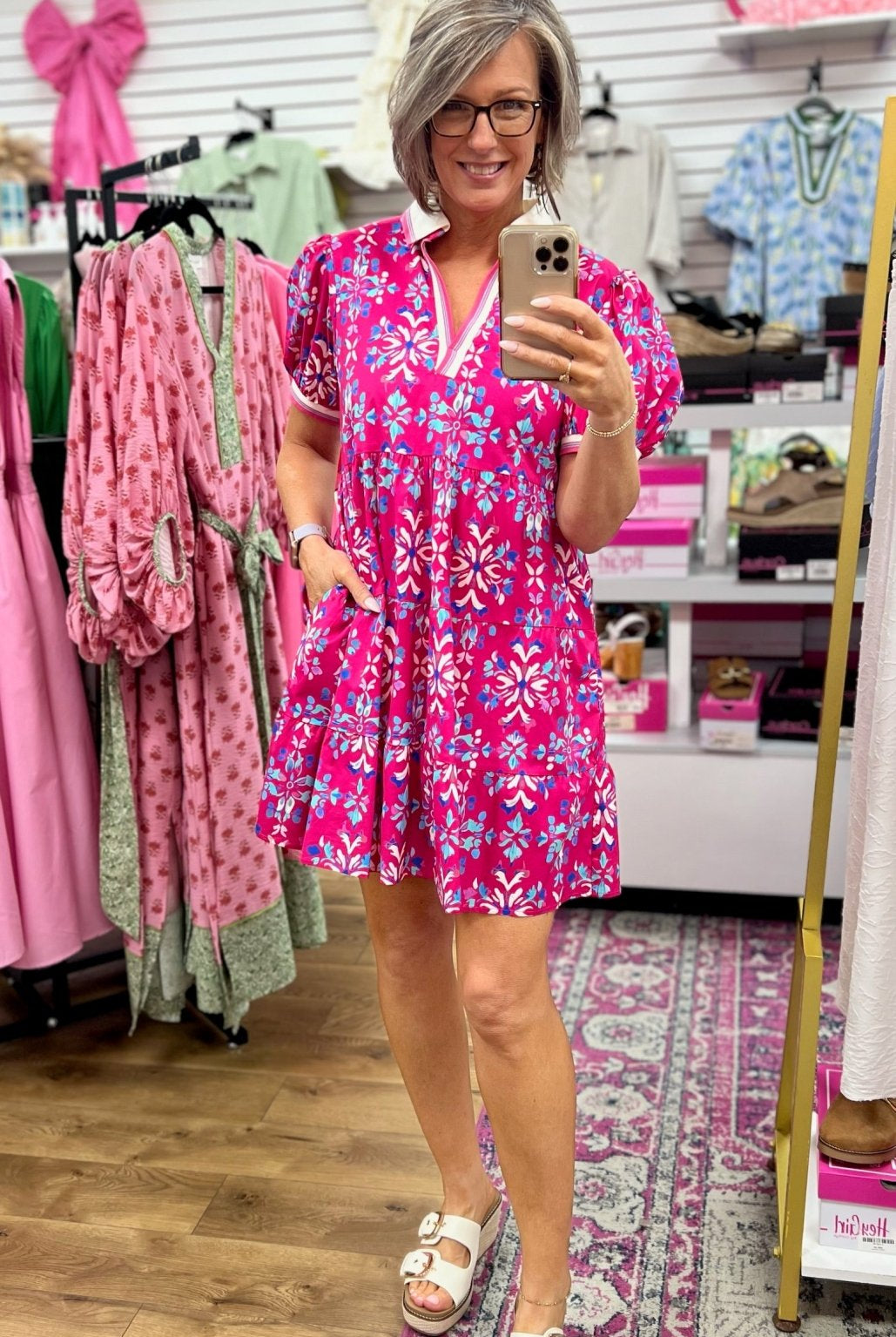 Fuchsia Floral Short Puff Sleeve Dress with Pockets - A'Bekah's Boutique