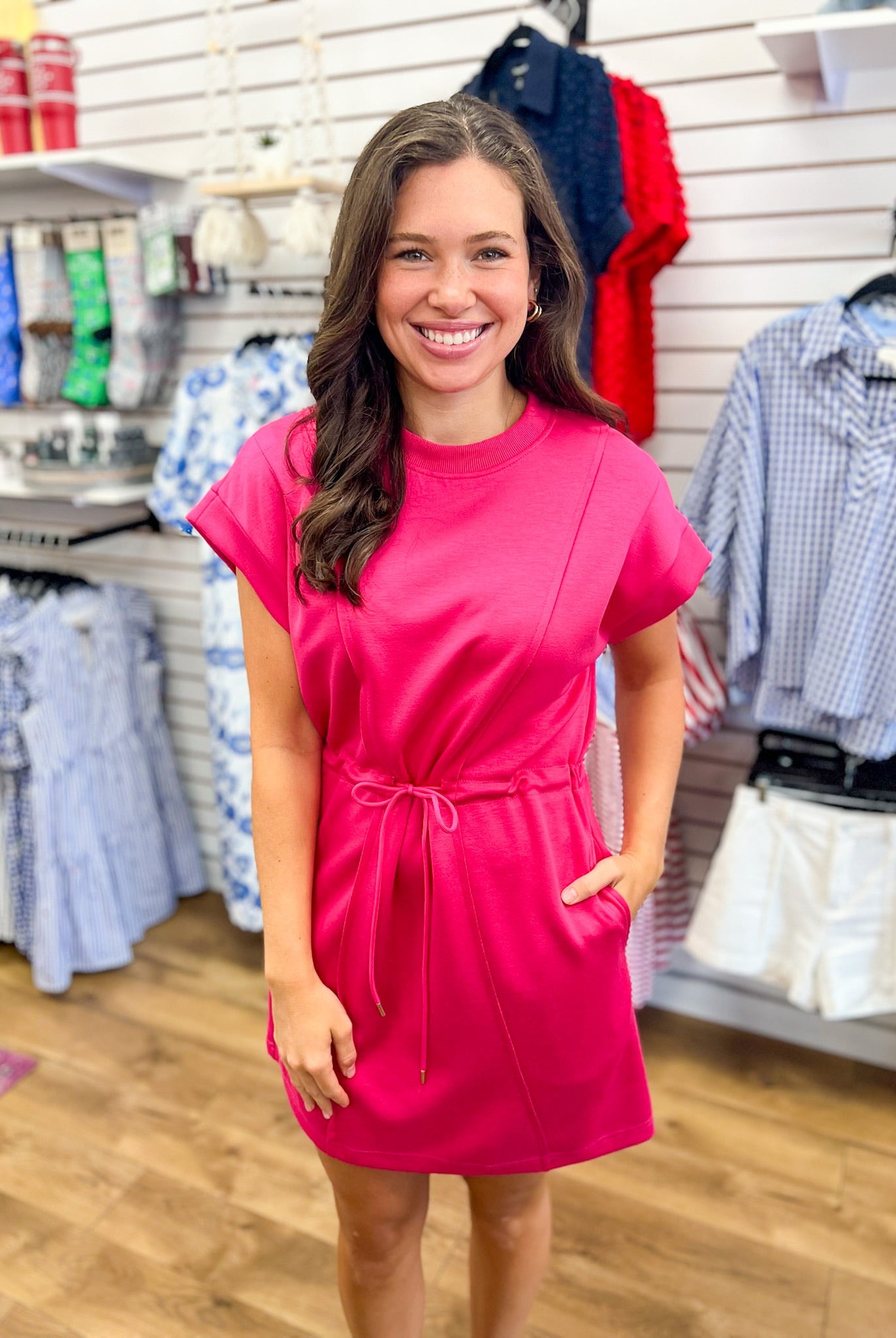 Fuchsia Luxe Knit Dress with Drawstring Waist - A'Bekah's Boutique