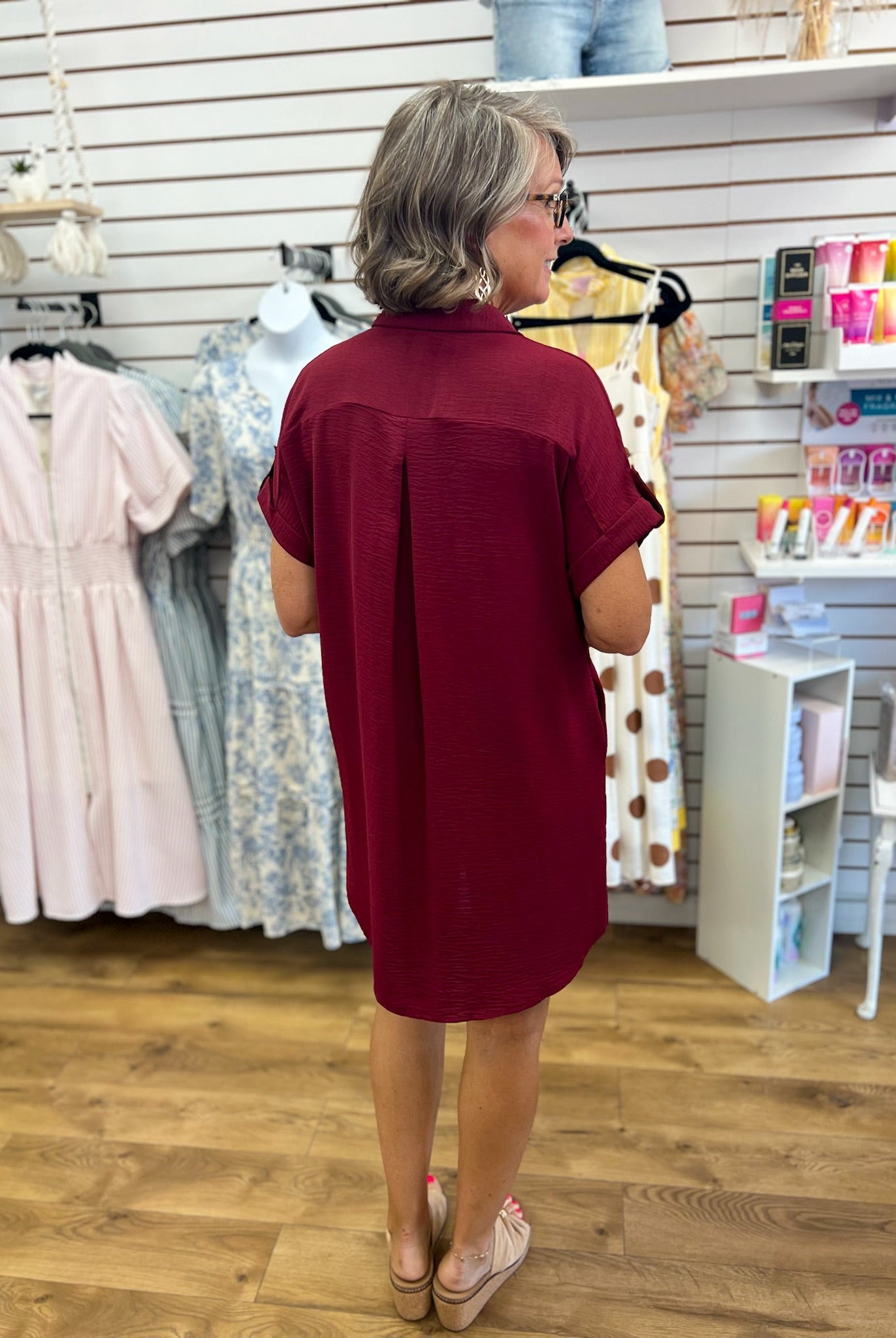 Garnet Button Down Short Sleeve Shirt Dress - A'Bekah's Boutique