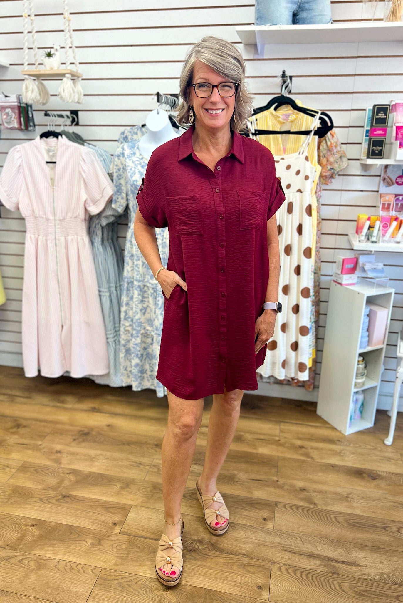 Garnet Button Down Short Sleeve Shirt Dress - A'Bekah's Boutique