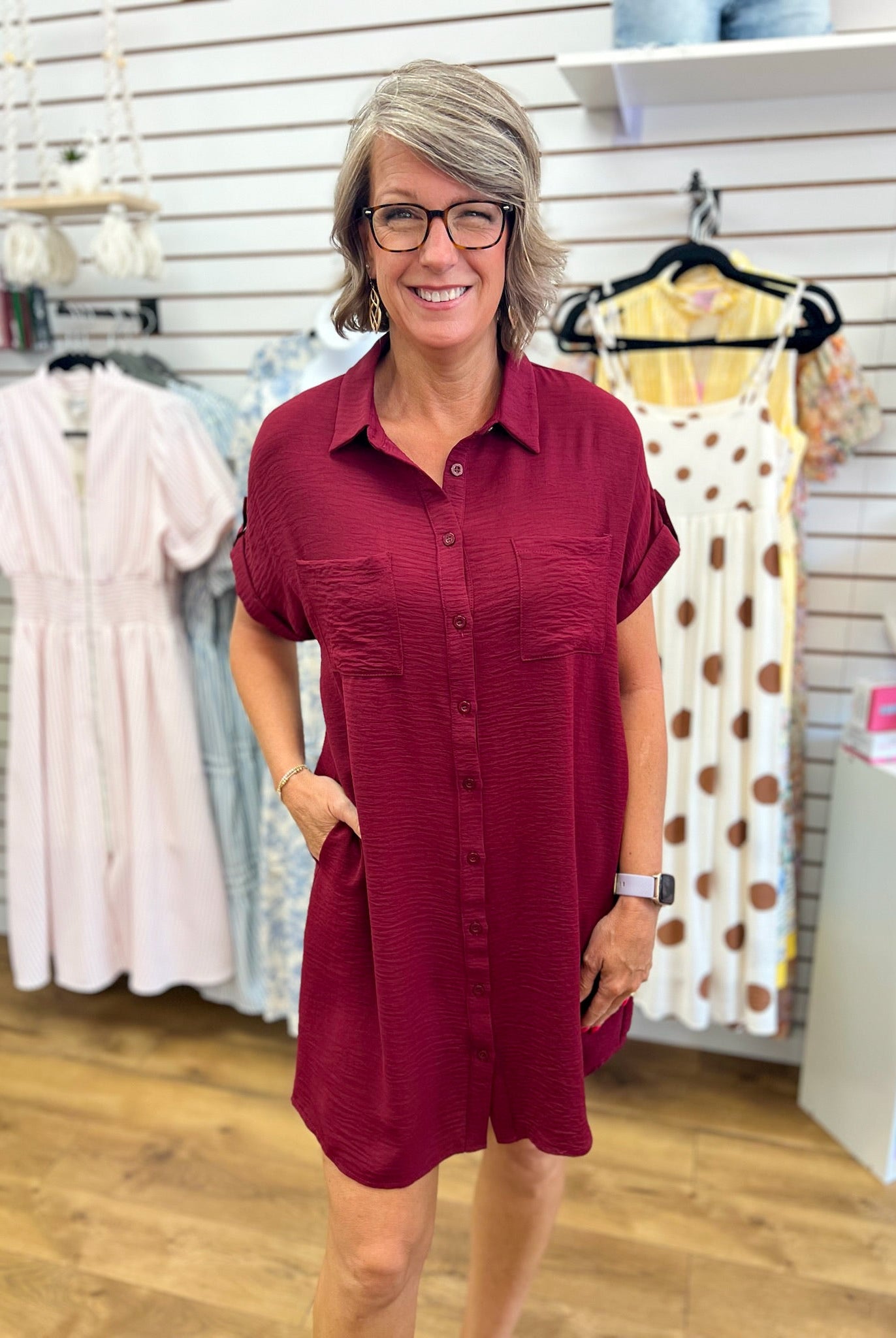 Garnet Button Down Short Sleeve Shirt Dress - A'Bekah's Boutique