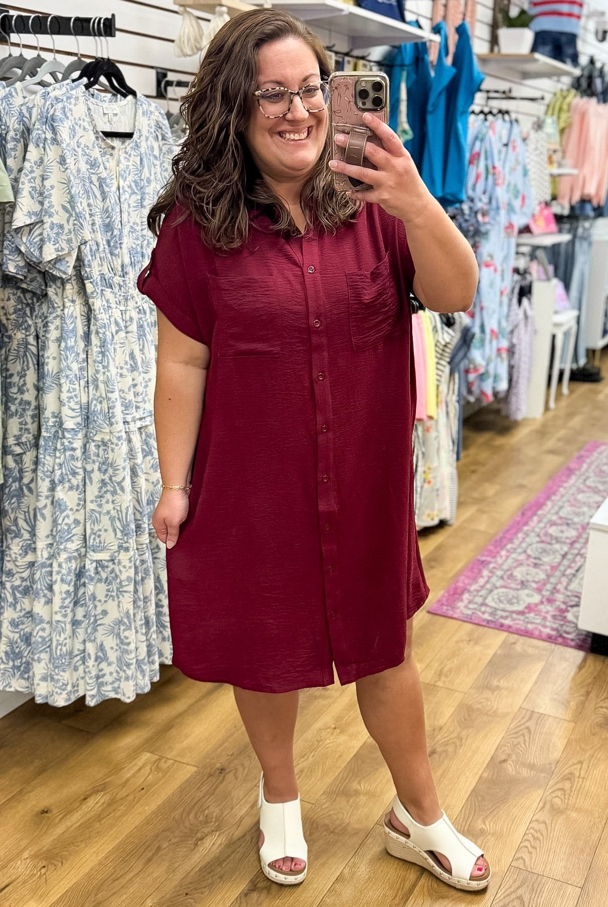 Garnet Button Down Short Sleeve Shirt Dress - A'Bekah's Boutique