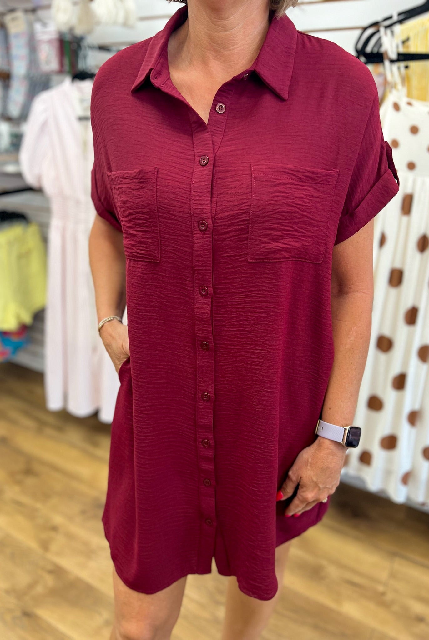 Garnet Button Down Short Sleeve Shirt Dress - A'Bekah's Boutique