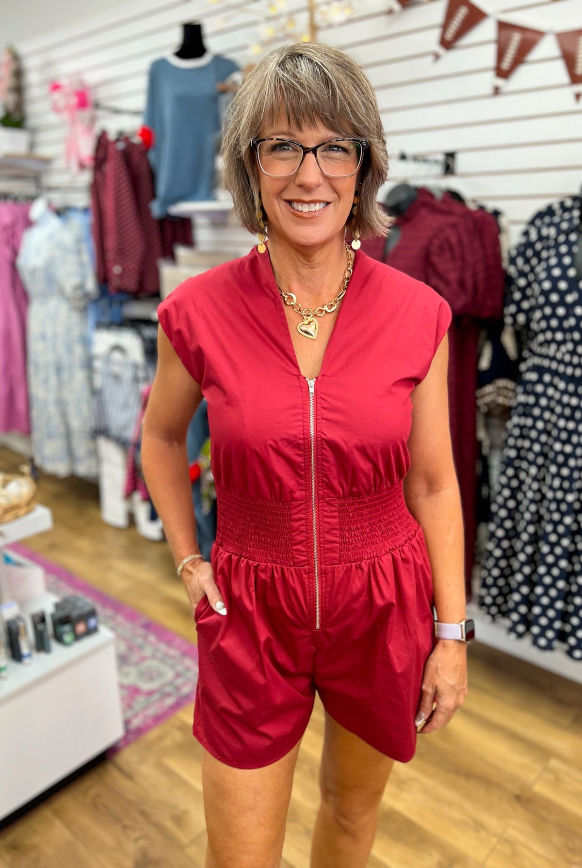 Garnet Cap Sleeve Zip Front Romper with Smocked Waist - A'Bekah's Boutique