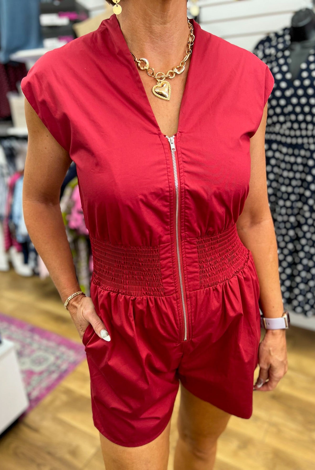 Garnet Cap Sleeve Zip Front Romper with Smocked Waist - A'Bekah's Boutique