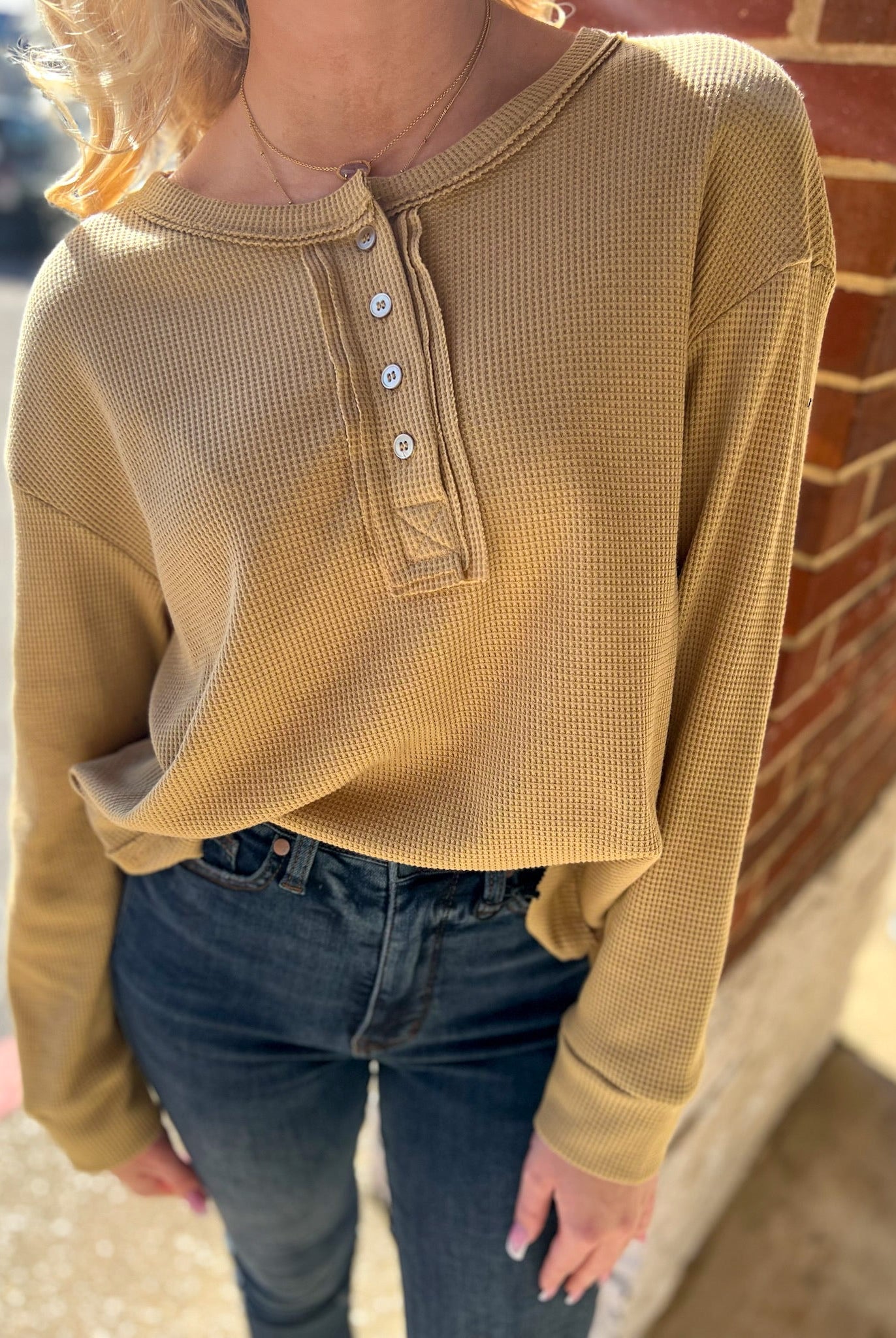 Get Going Khaki Waffle Knit Long Sleeve Henley Top - A'Bekah's Boutique
