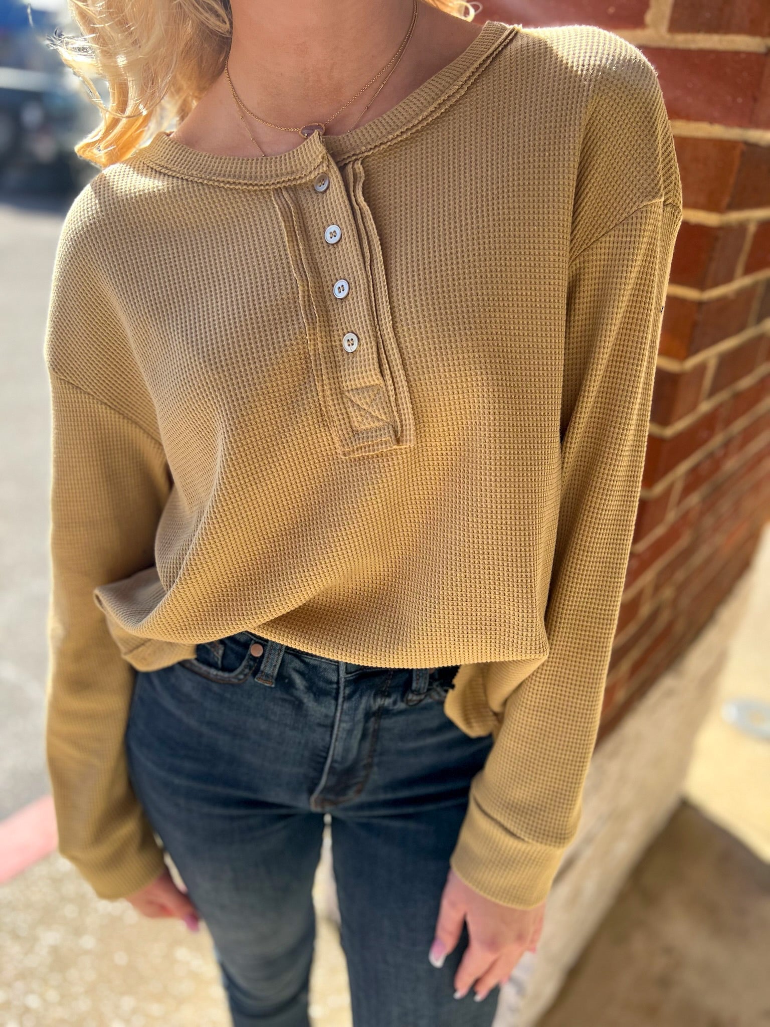 Get Going Khaki Waffle Knit Long Sleeve Henley Top - A'Bekah's Boutique