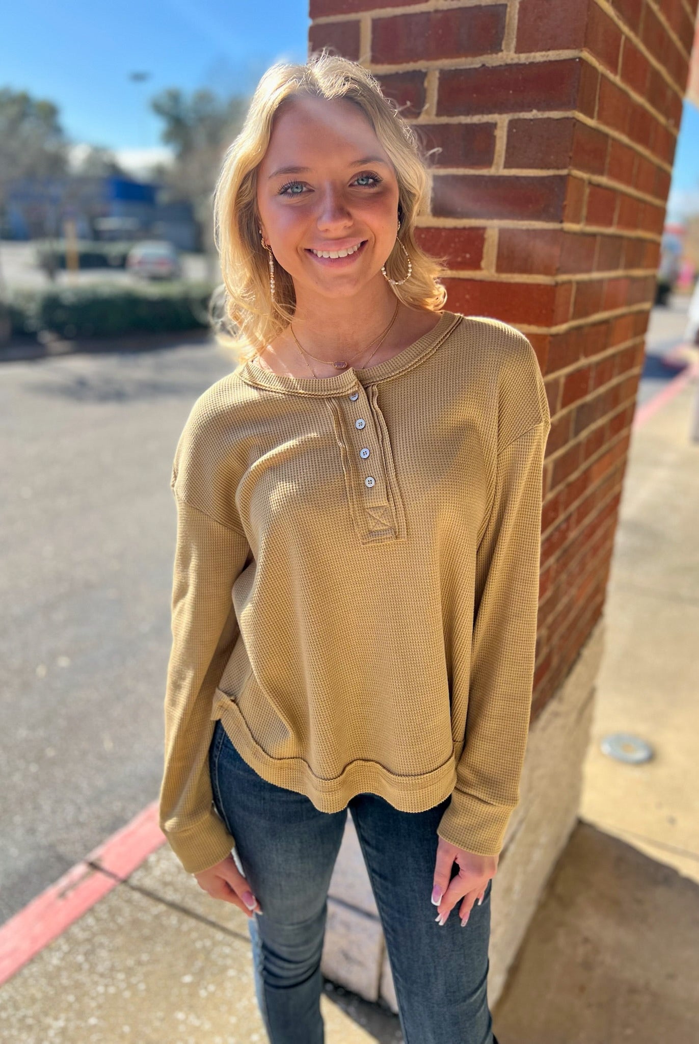 Get Going Khaki Waffle Knit Long Sleeve Henley Top - A'Bekah's Boutique