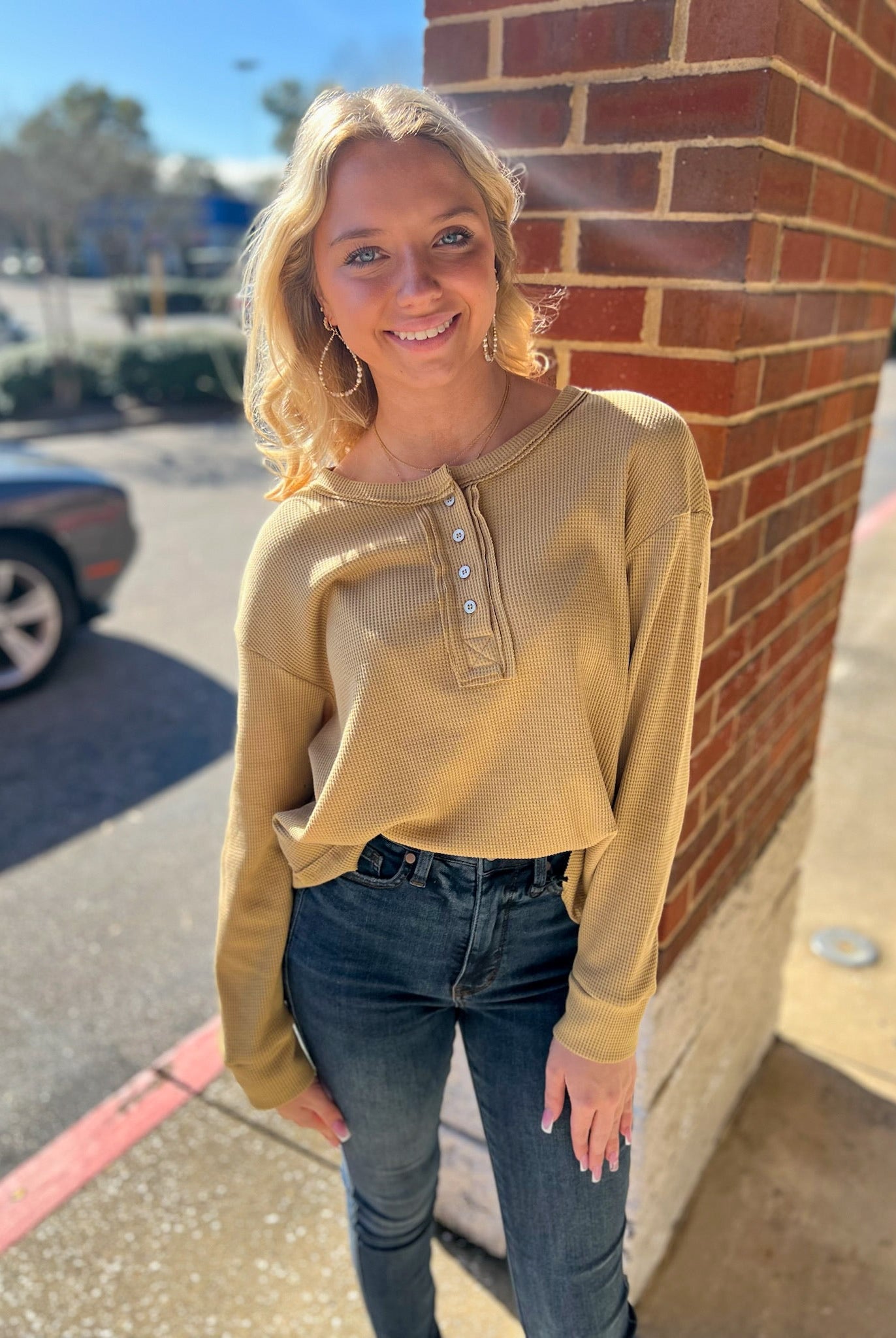 Get Going Khaki Waffle Knit Long Sleeve Henley Top - A'Bekah's Boutique