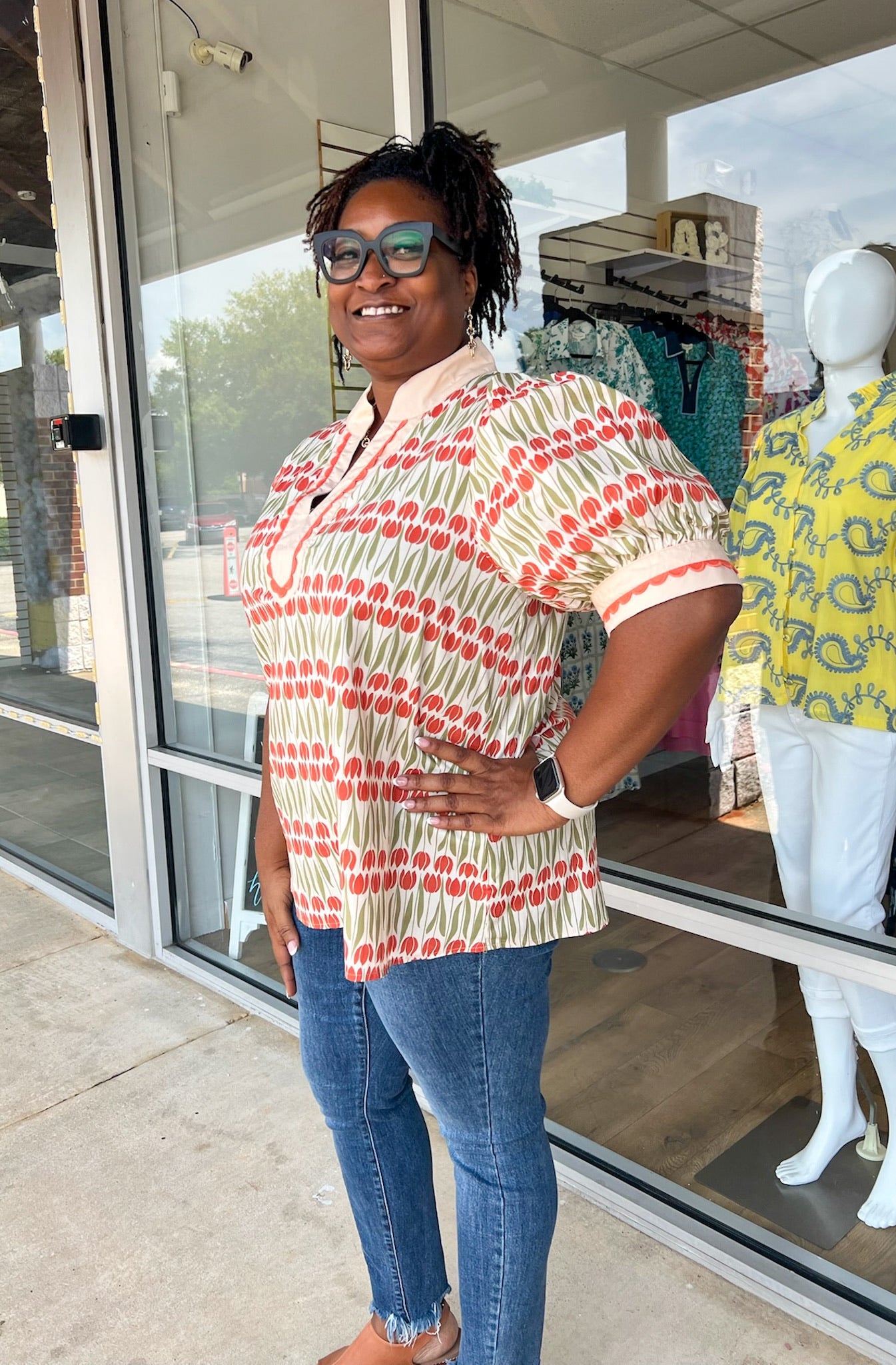 Going With It Ecru Floral V - Neck Top with Banded Puff Sleeves (C) - A'Bekah's Boutique