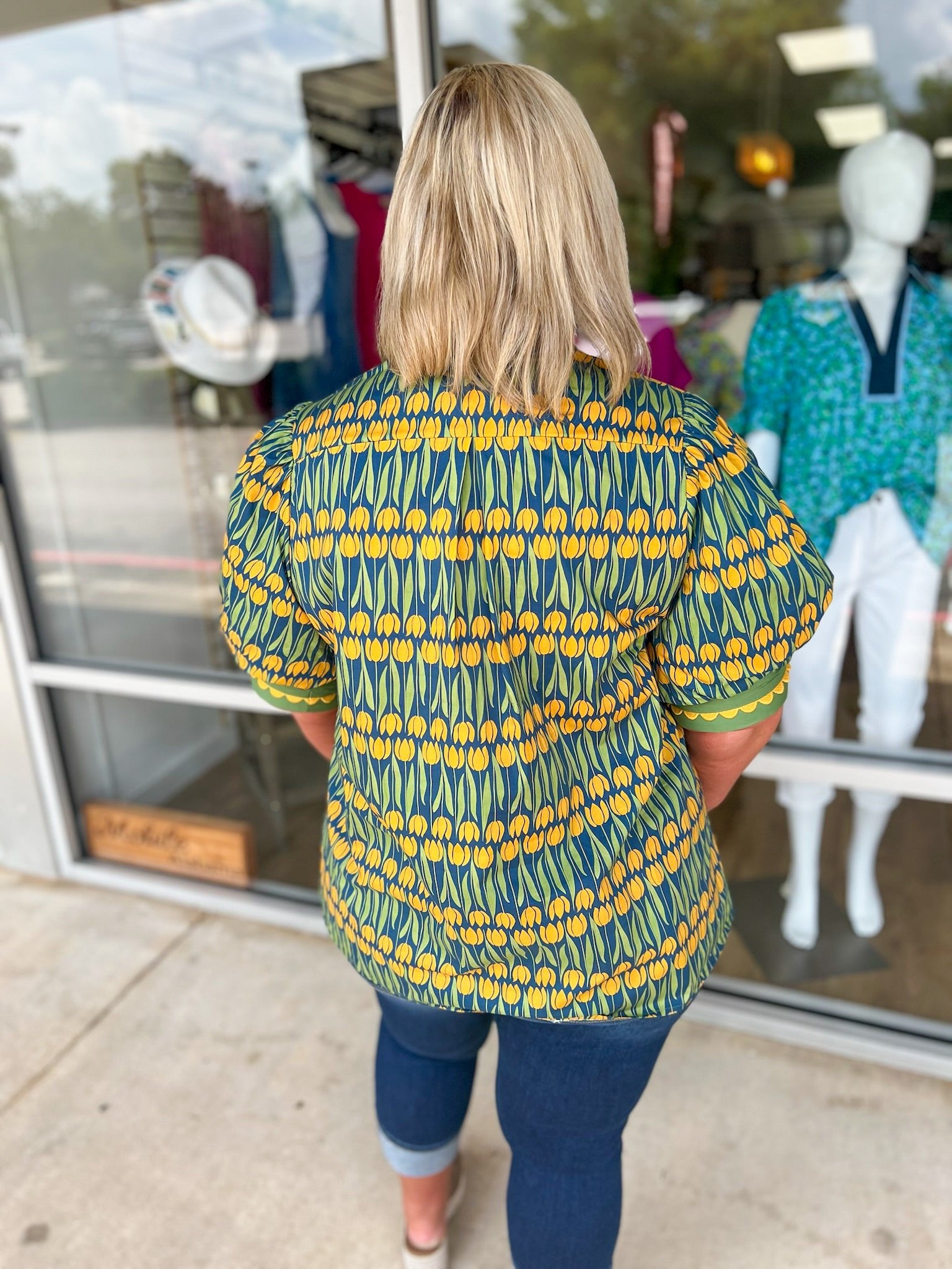 Going With It Teal Floral V - Neck Top with Banded Puff Sleeves (C) - A'Bekah's Boutique