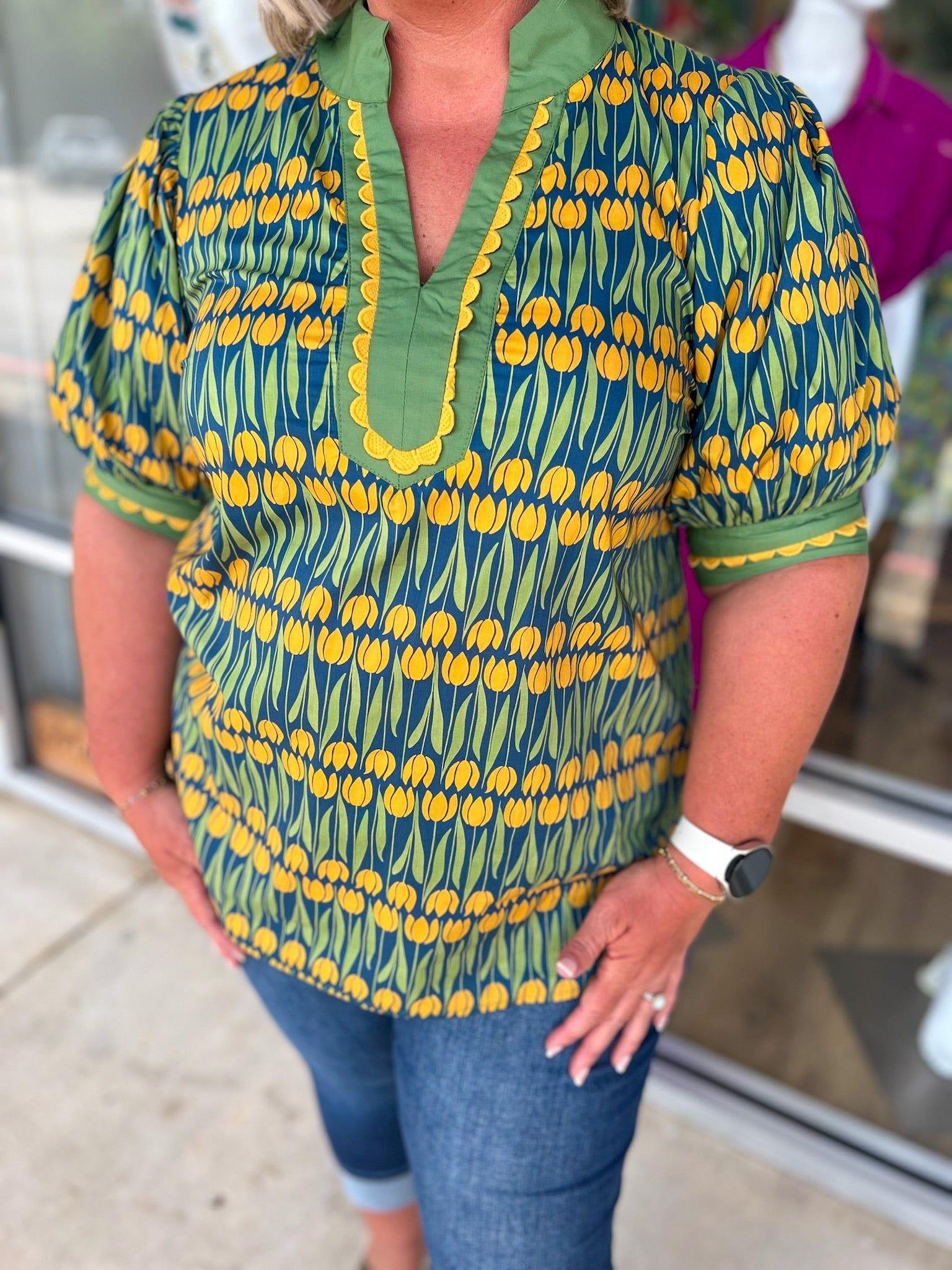 Going With It Teal Floral V - Neck Top with Banded Puff Sleeves (C) - A'Bekah's Boutique