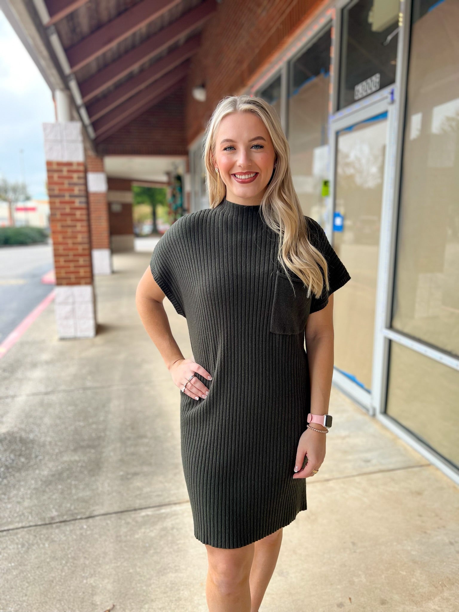 Greatest Of All Time Olive Drop Shoulder Fitted Sweater Dress with Chest Pocket - A'Bekah's Boutique