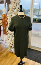 Greatest Of All Time Olive Drop Shoulder Fitted Sweater Dress with Chest Pocket - A'Bekah's Boutique