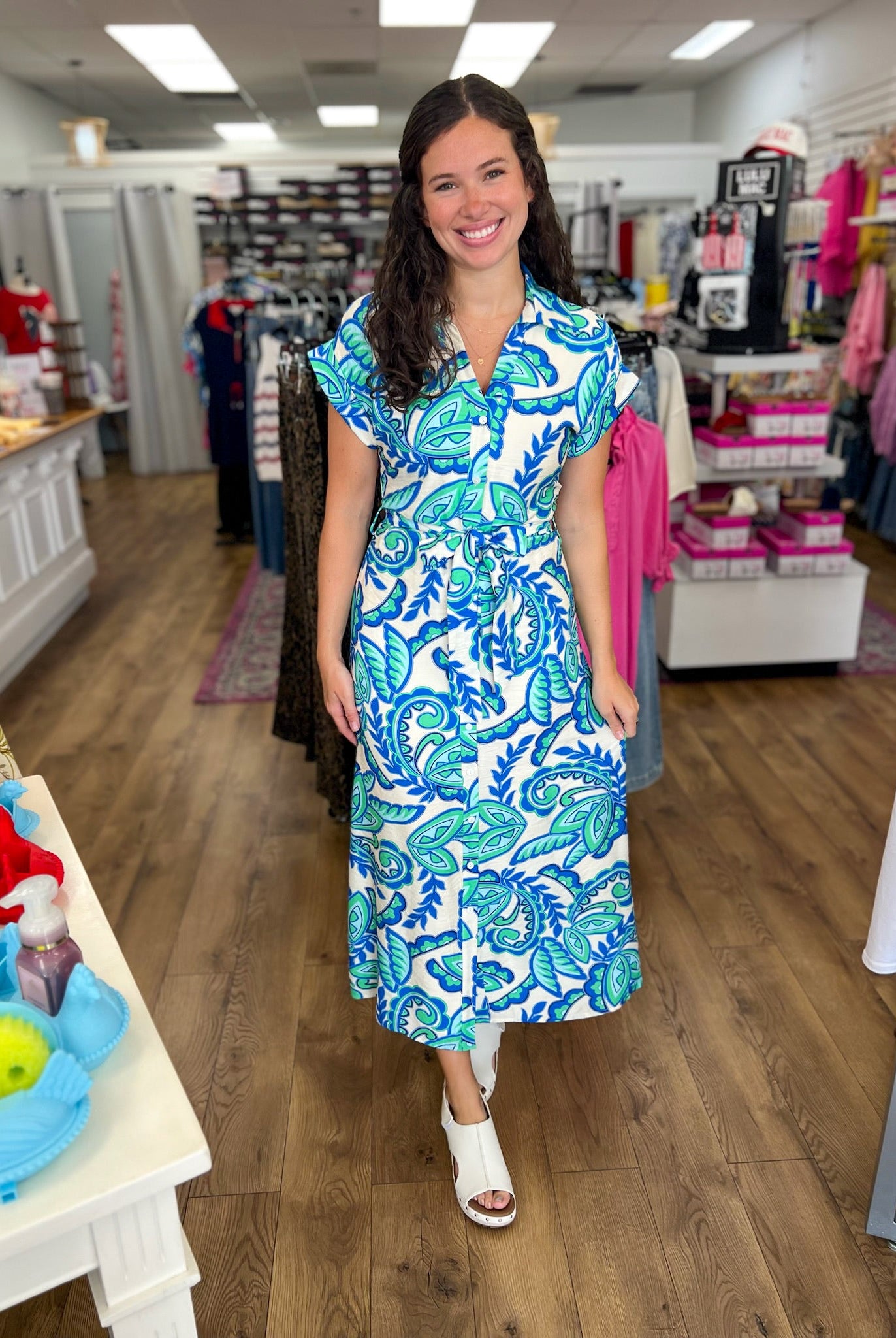 Green and Blue Paisley Tie Waist Midi Dress - A'Bekah's Boutique