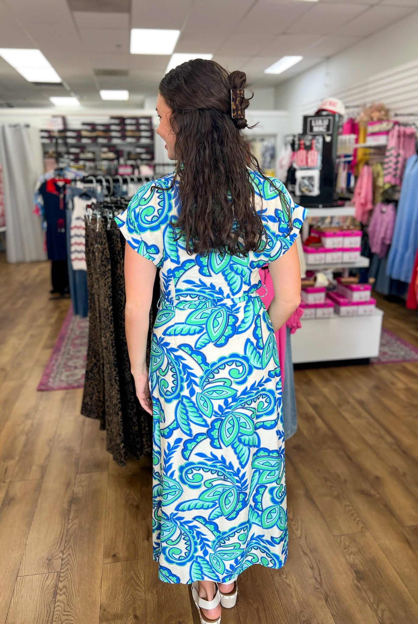Green and Blue Paisley Tie Waist Midi Dress - A'Bekah's Boutique