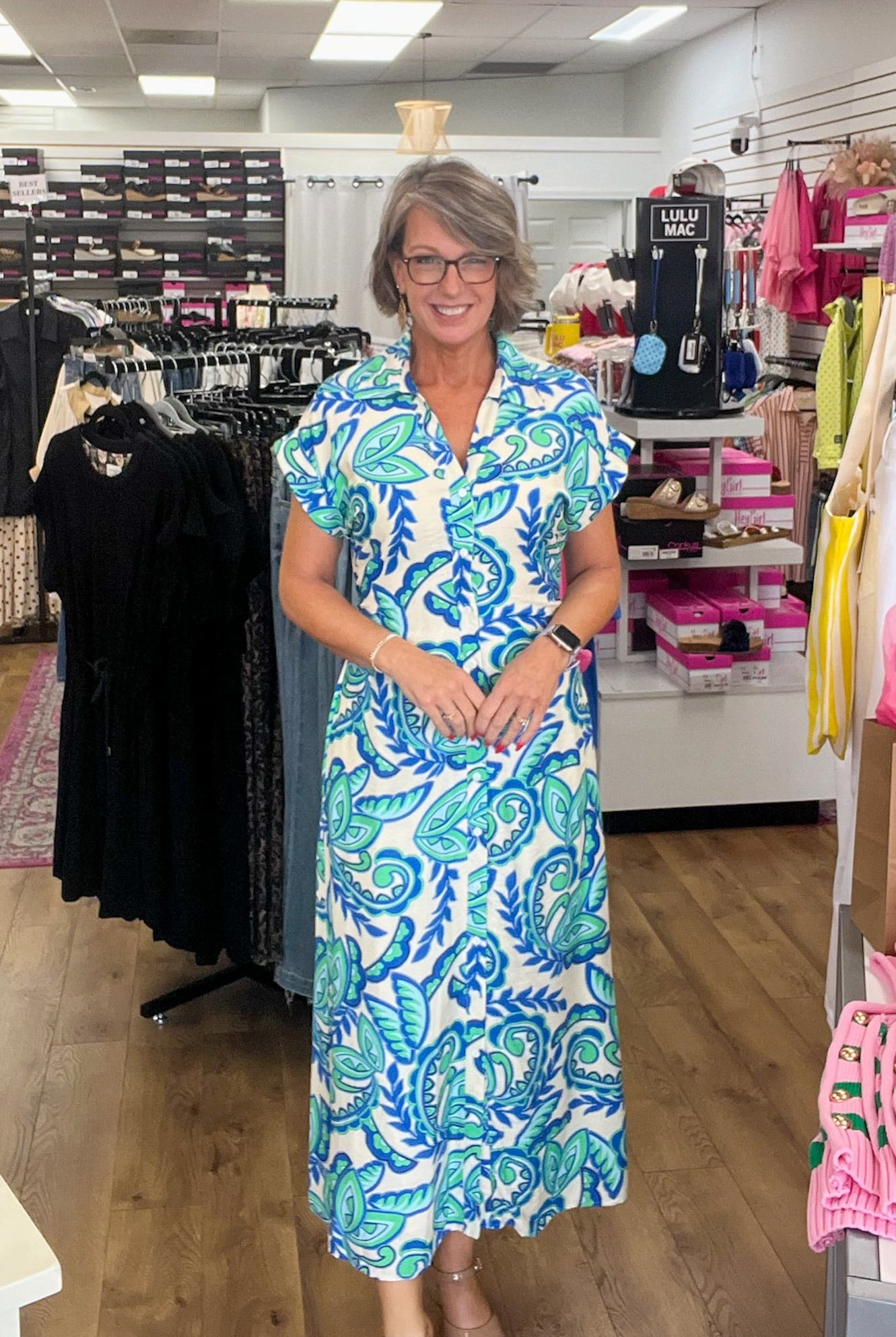 Green and Blue Paisley Tie Waist Midi Dress - A'Bekah's Boutique