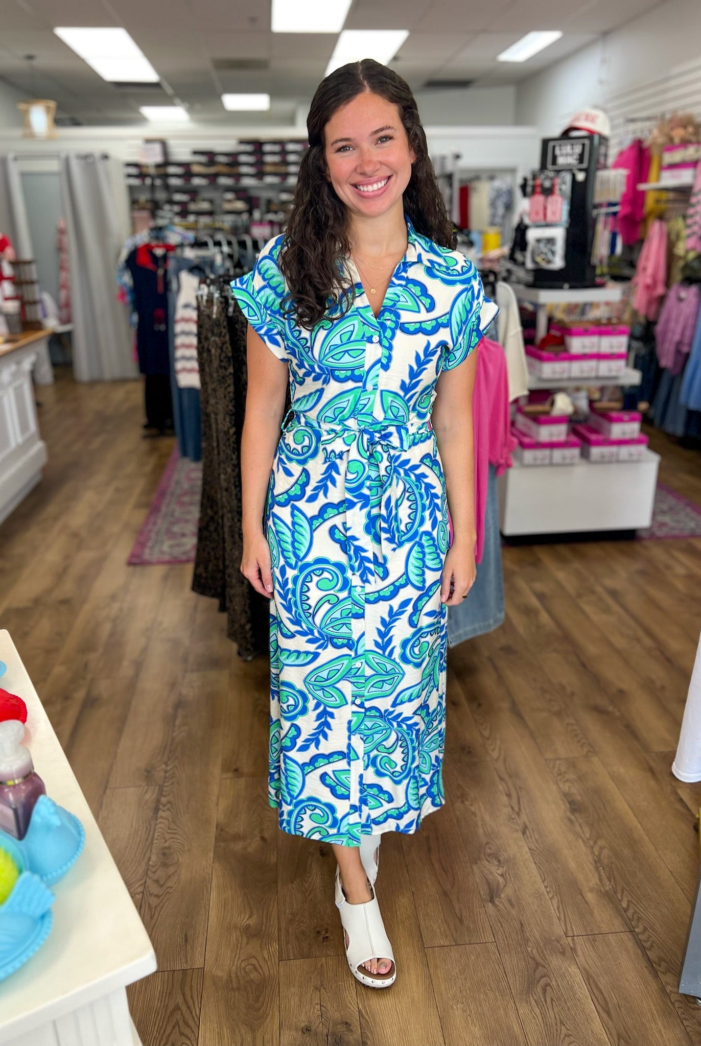 Green and Blue Paisley Tie Waist Midi Dress - A'Bekah's Boutique