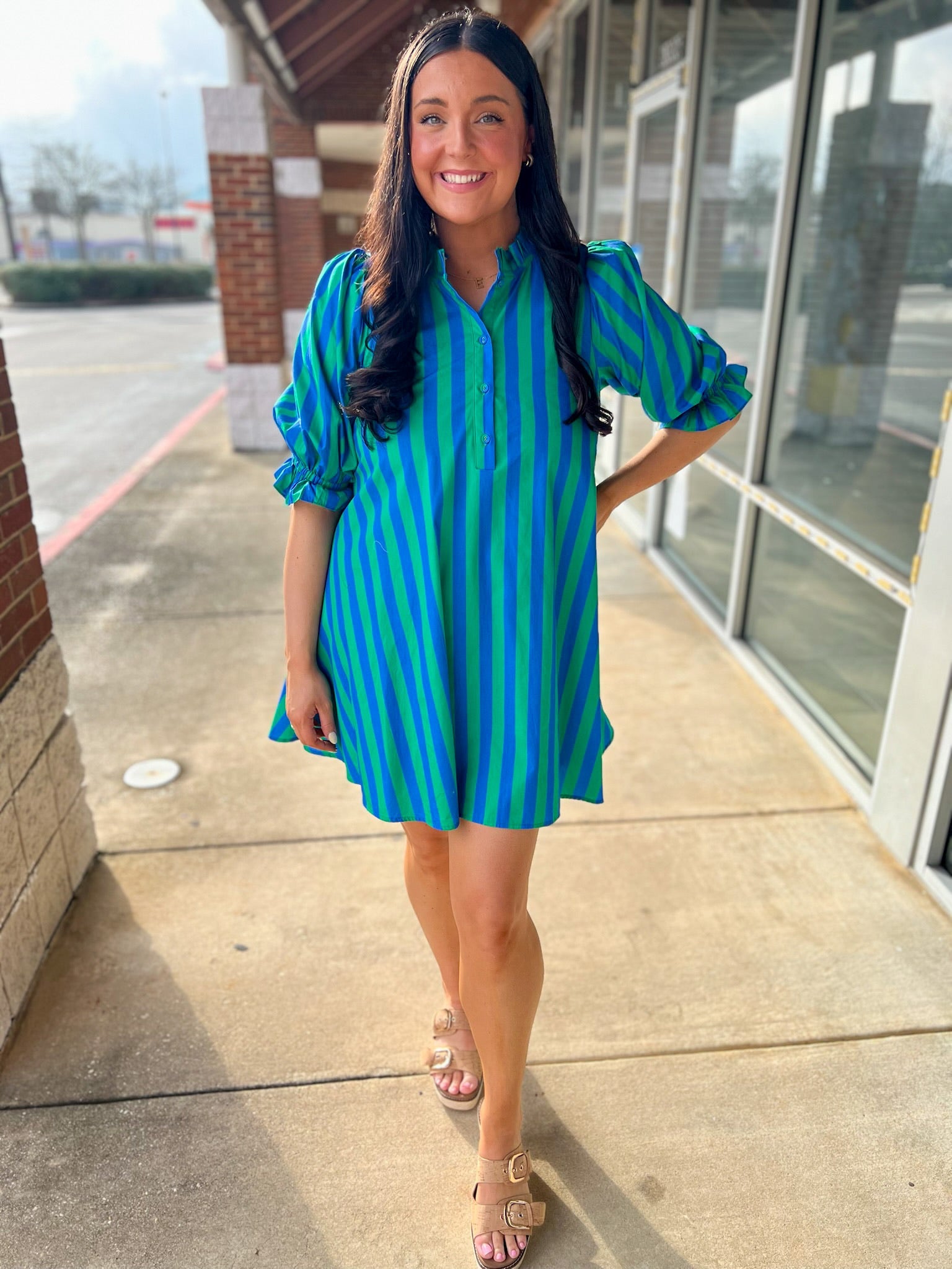 Green and Blue Striped 3/4 Puff Sleeve Dress with Self - Tie in the Back - A'Bekah's Boutique