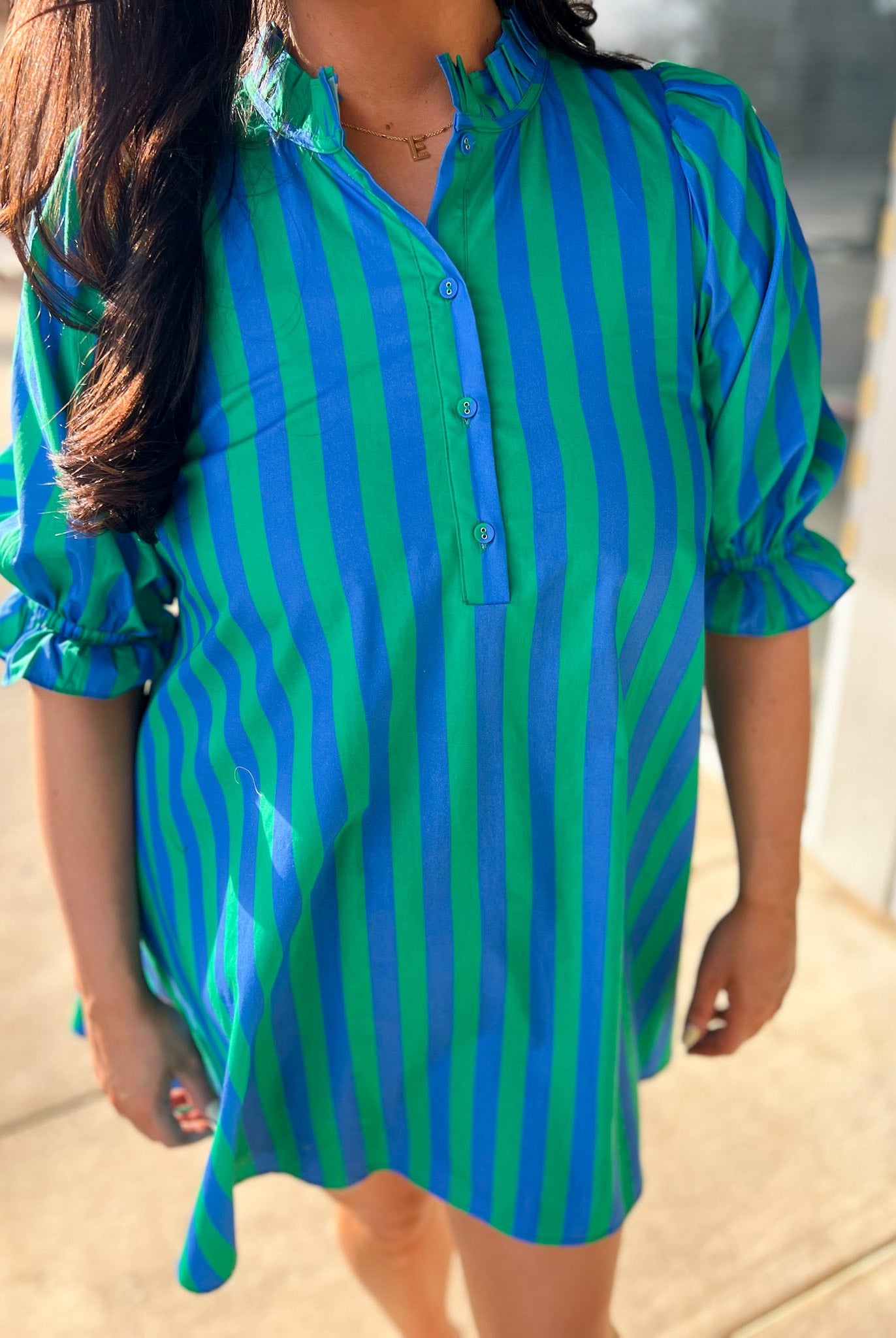 Green and Blue Striped 3/4 Puff Sleeve Dress with Self - Tie in the Back - A'Bekah's Boutique